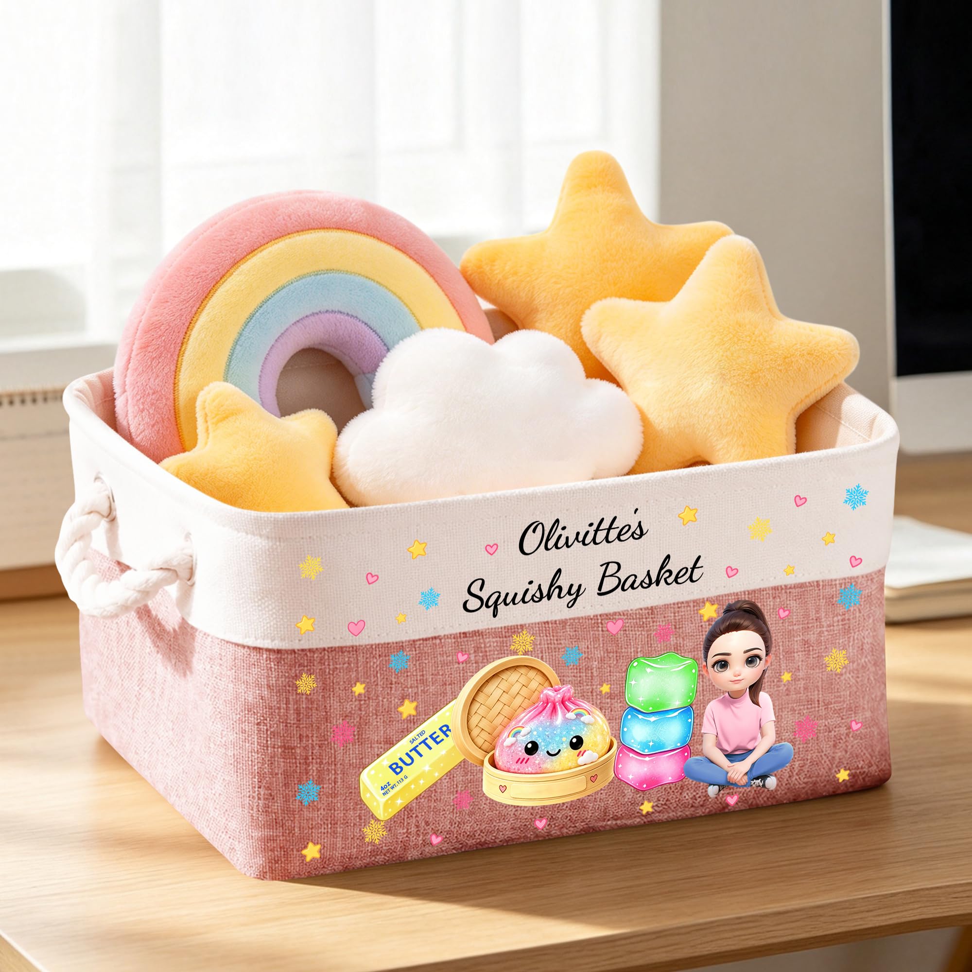 Personalized Dumpling Squishy Storage Basket, Custom Name Dumpling Squishy Basket Storage Organizer with Handles Room Decor Birthday Gifts (style 26)