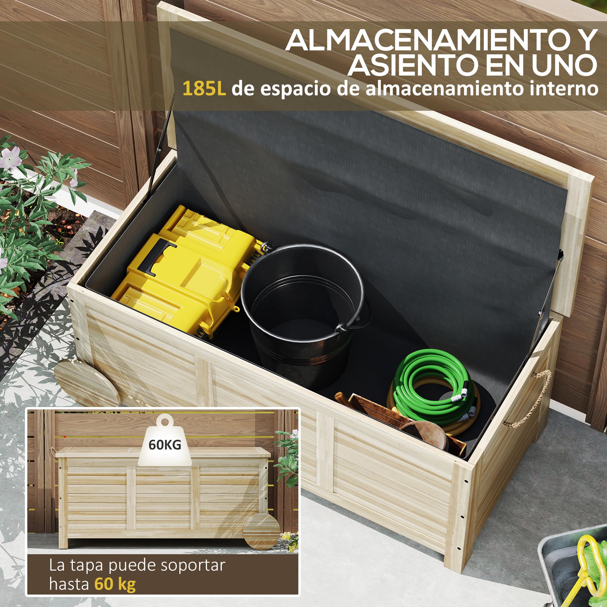 Outsunny Baúl de Almacenaje Exterior 185L, Arcón de Jardín de Madera con Tapa Abatible, 2 Ruedas, Bisagras Metálicas, Cuerdas de Lino y Forro Interior, 110x50x50 cm, Natural