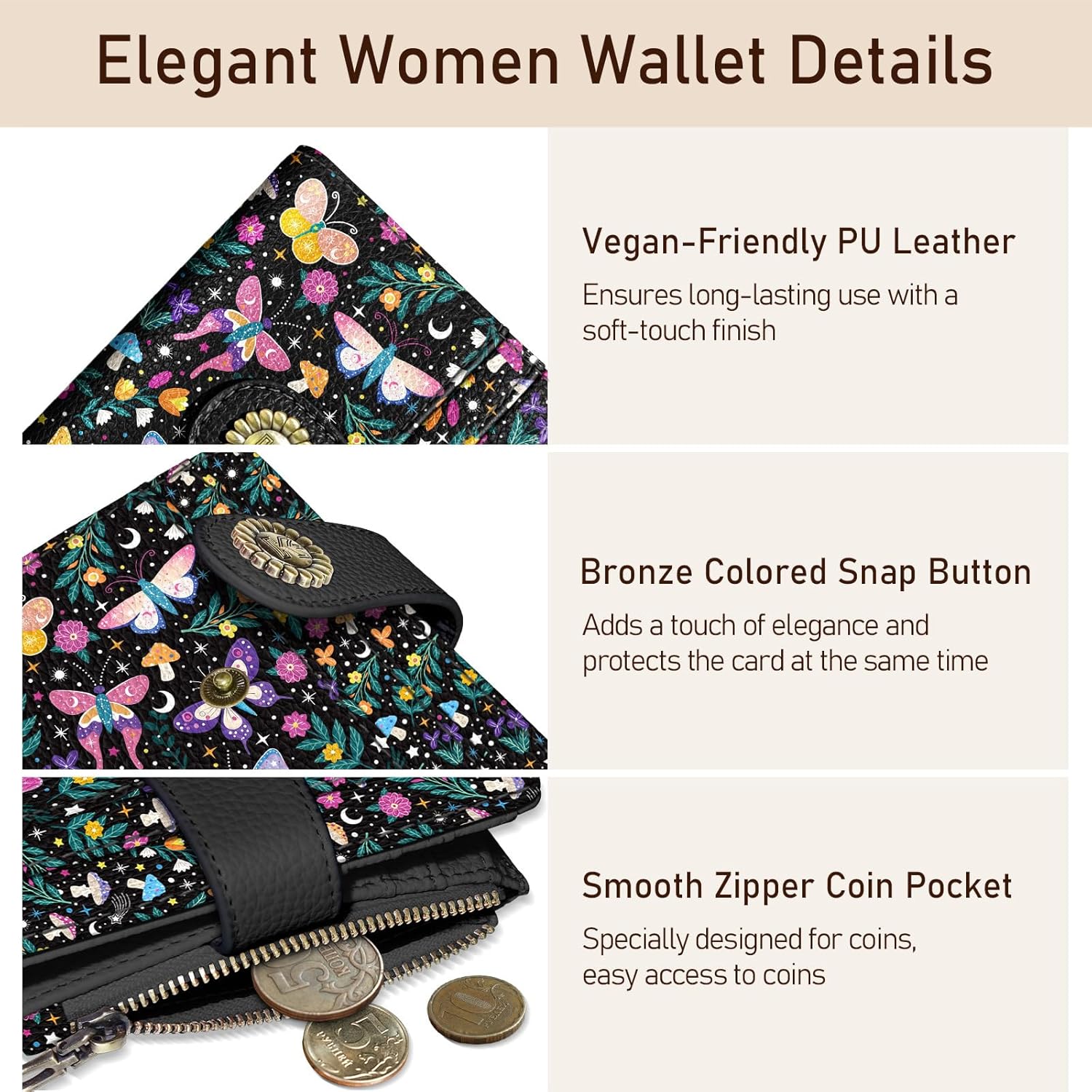 Butterfly Small Rfid Women Wallet Bifold Zipper Coin Pocket PU Leather Compact Cash Credit Card Holder Travel Wallet for Female Ladies Teen Girls 1 ID Window 10 Card Slots - Image 6