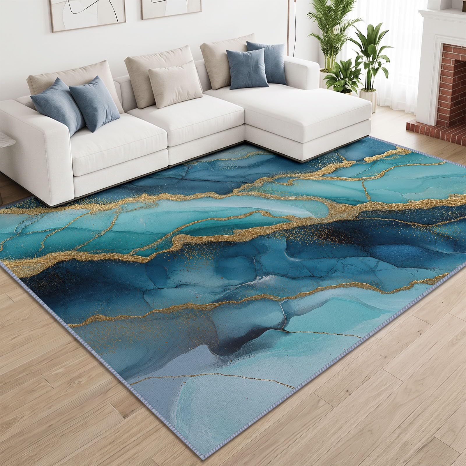 Générique Tapis Salon Moderne Marbre Lavable 180 x 240 cm, Tapis à Poils Courts Motif Feuille d'or Effet Craquelé Antidérapant Doux Idéal pour Salle À Manger Chambre d'enfant Bureau
