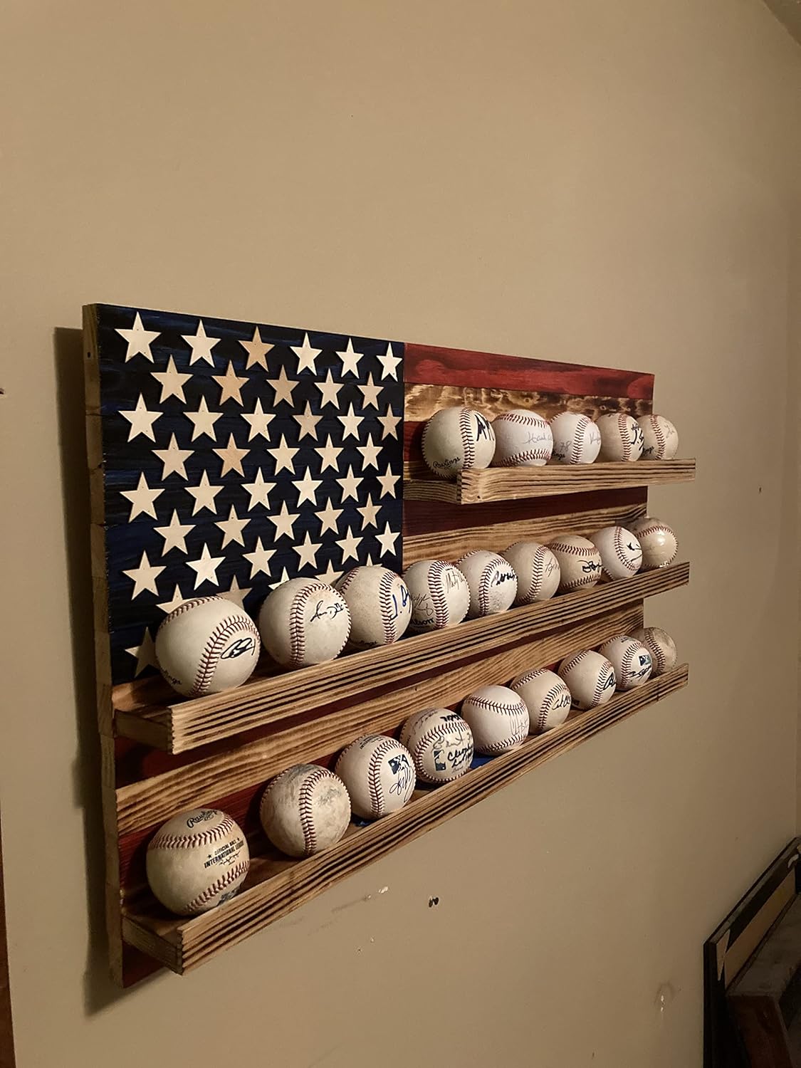 Rustic American Flag Baseball Display, Baseball Holder, Softball Display, Baseball Case, Baseball Rack, Softball Holder