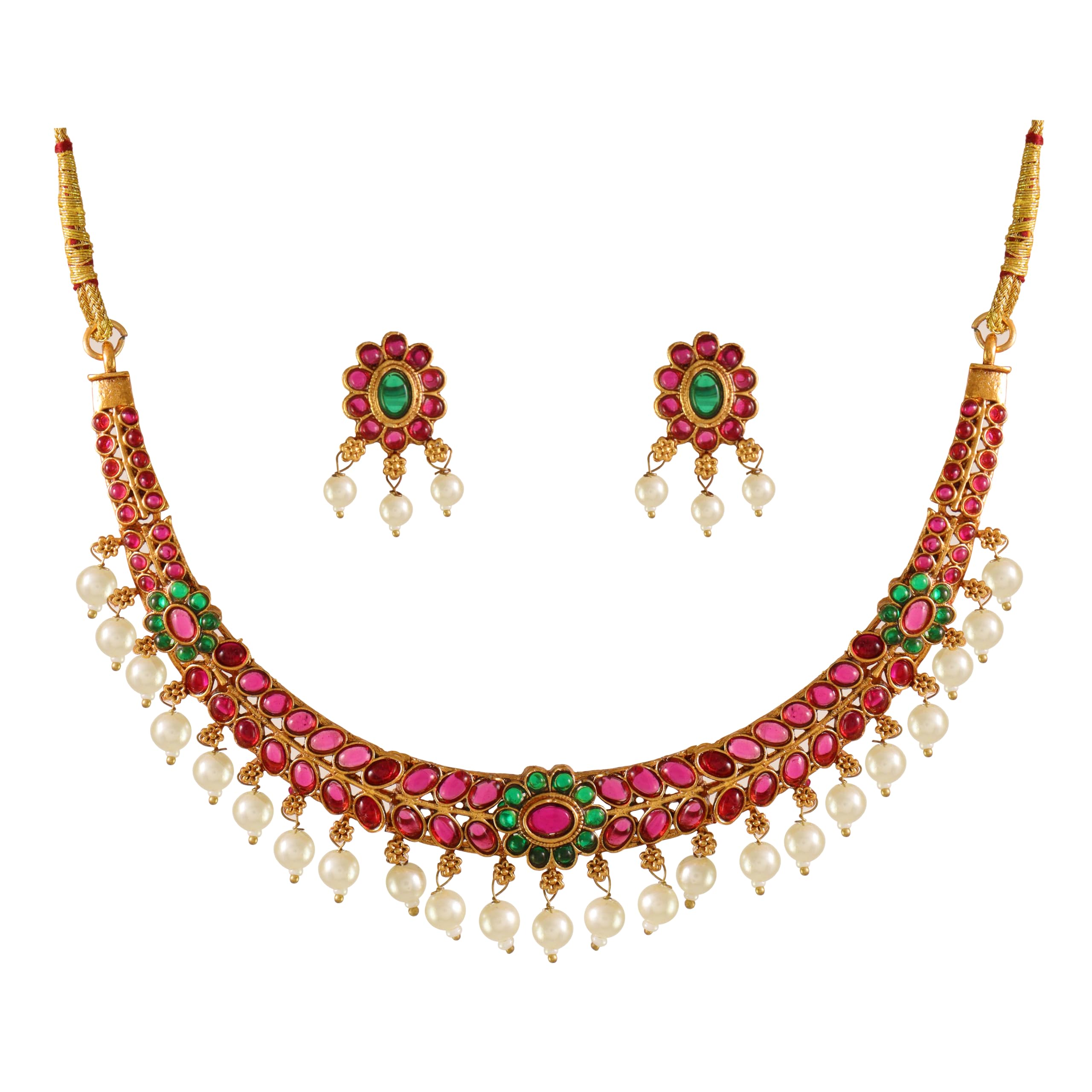 1 Gram Micro Copper & Gold Plated Traditional Designer Jade Fashion Jewellery Stone Golden Necklace for Women (DAT/HALL-02) (Yellow)