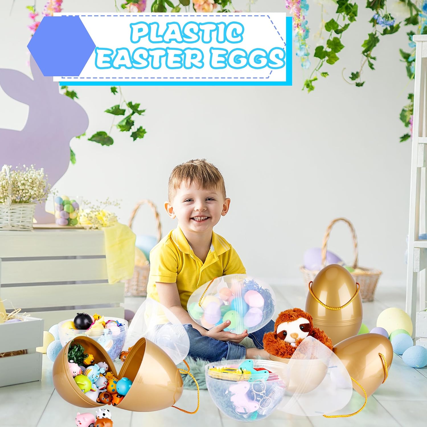 10 Pack 10 Inch Jumbo Easter Eggs with Rope Large Fillable Easter Egg Bulk Giant Plastic Empty Easter Eggs for Easter Hanging Decoration Hunt Basket Surprises Box Fillers (Color Set 2)