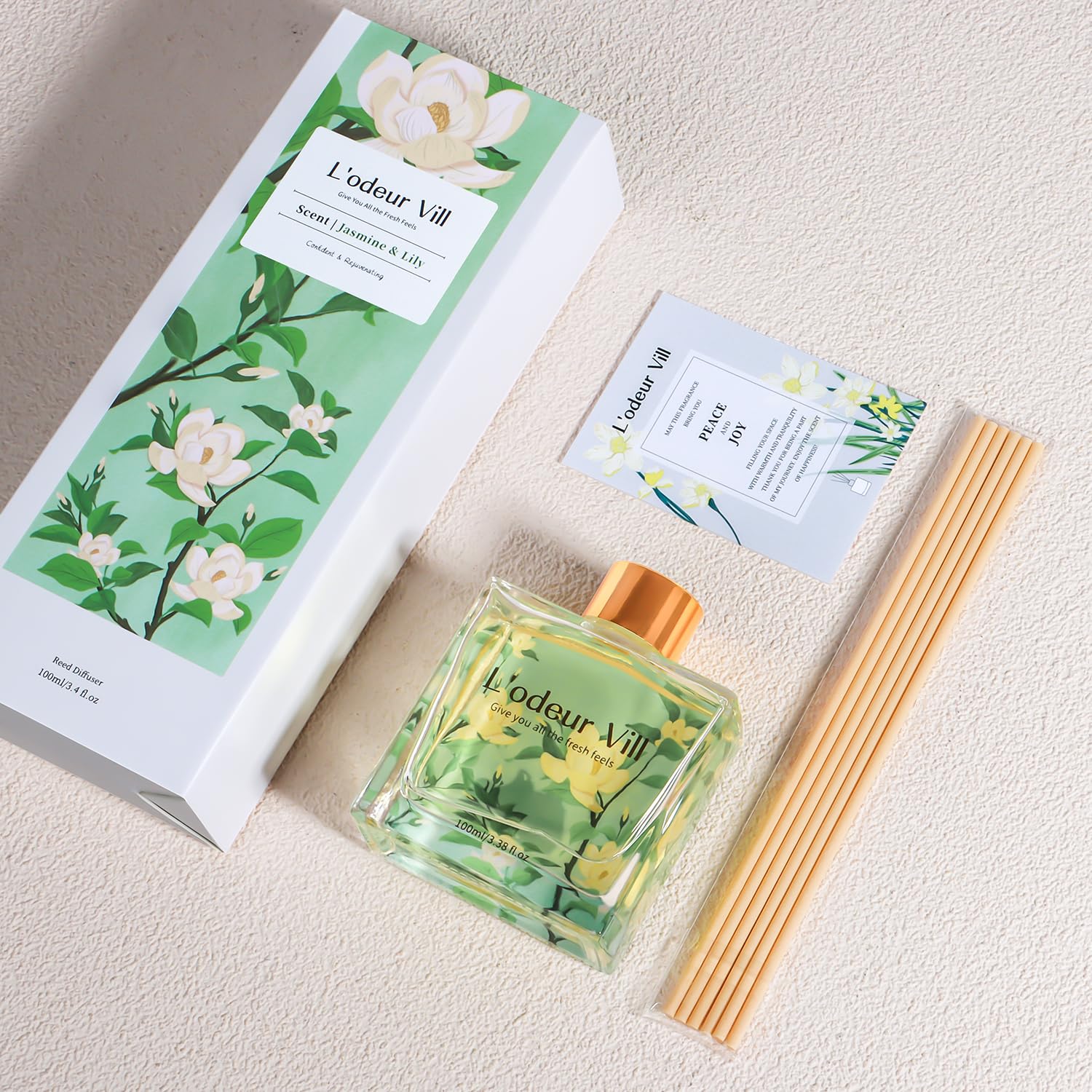L'odeur Vill Profumatore per Ambienti,Gelsomino e giglio Profumatore per Ambienti con 6 Bastoncini di Fragranza, Diffusore di Fragranze per Bagno, Appartamento, Decorazione Della Casa, 100ml