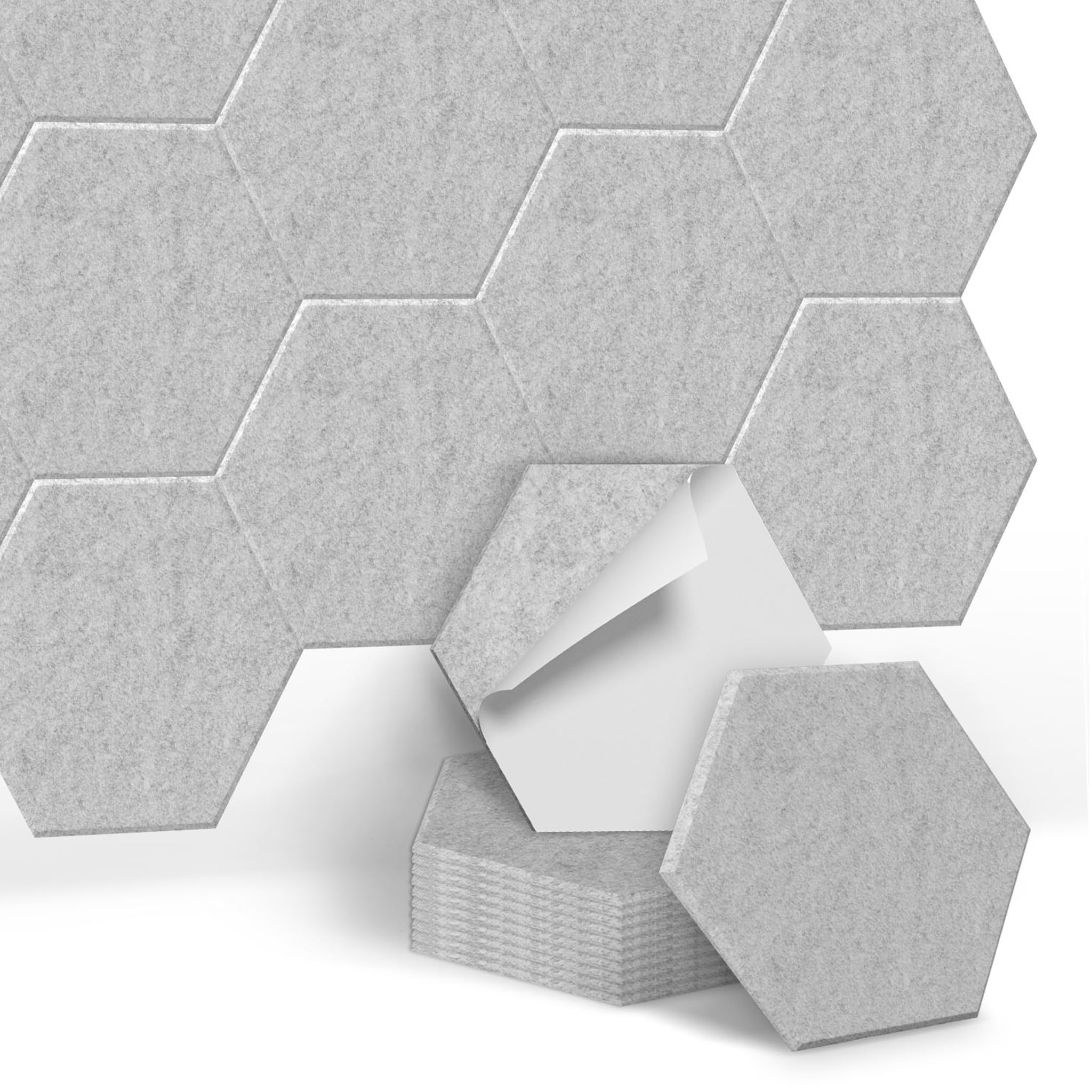 Lot de 24 panneaux acoustiques hexagonaux en feutre - 30 x 26 cm - Gris clair - Revêtement mural autocollant pour salle de travail et de sonorisation