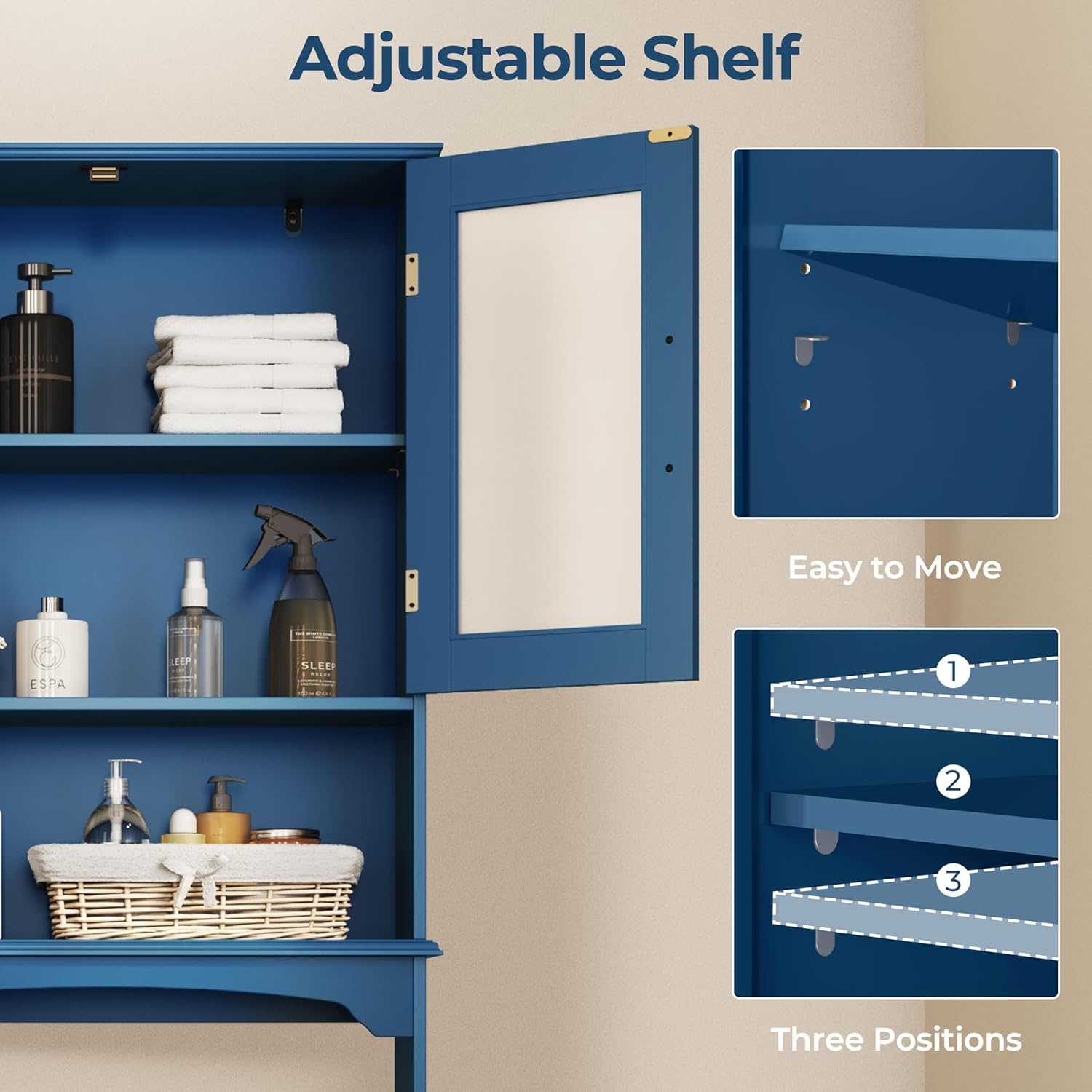 Yaheetech Over The Toilet Storage Cabinet, Free Standing Toilet Rack with Adjustable Shelves and Tempered Glass Doors for Bathroom Washroom, Navy Blue