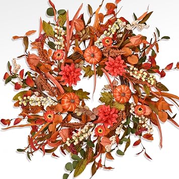 24" Pumpkin Fall Wreath with Colorful Mixed Leaves, Autumn Wildflower Artificial Wreath with Berry for Thanksgiving Halloween Front Door Home Wall Farmhouse Holiday Outdoor Indoor Decor