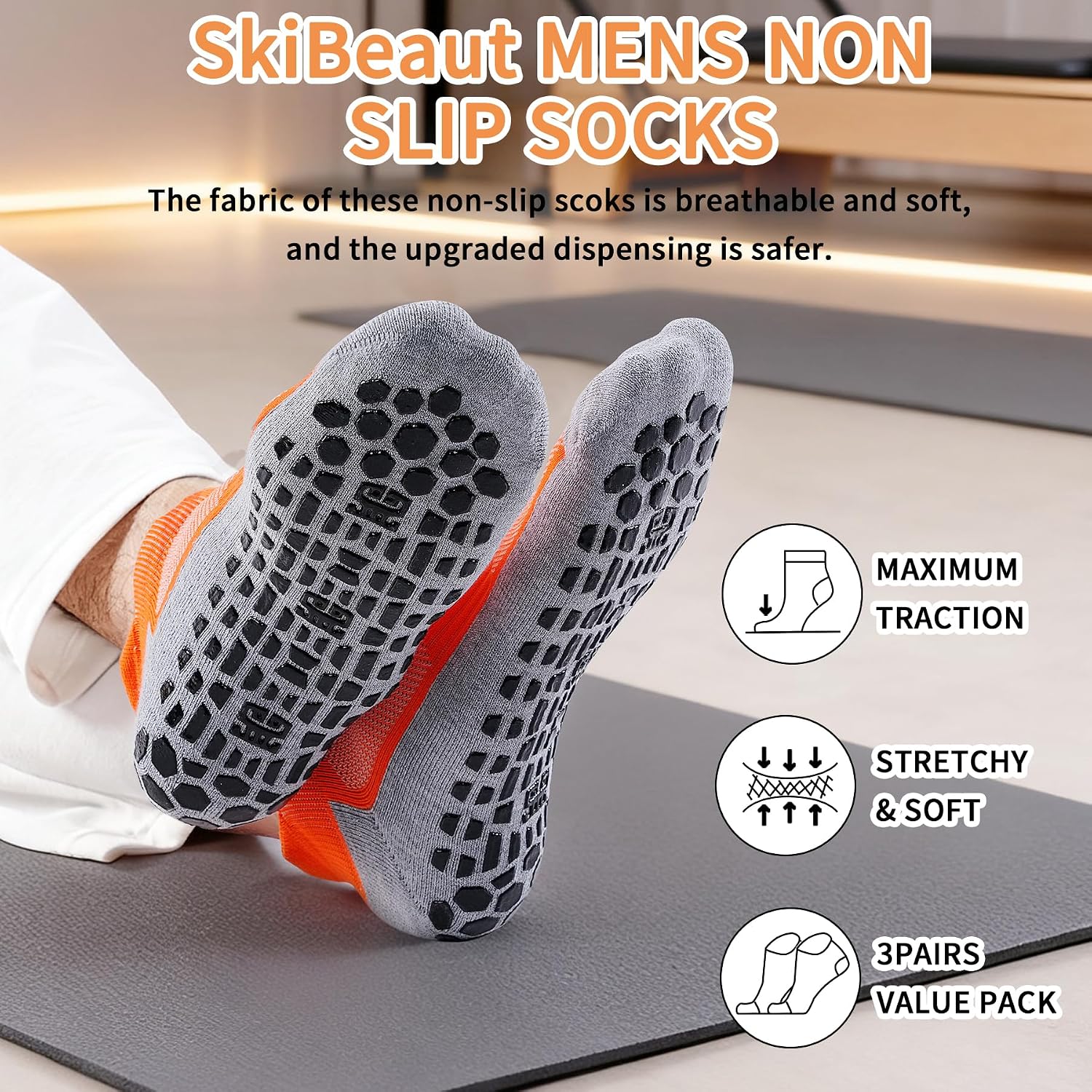 SkiBeaut Grippy Socks Men 3 Pairs Non Slip Cushioned Socks for Yoga Pilates