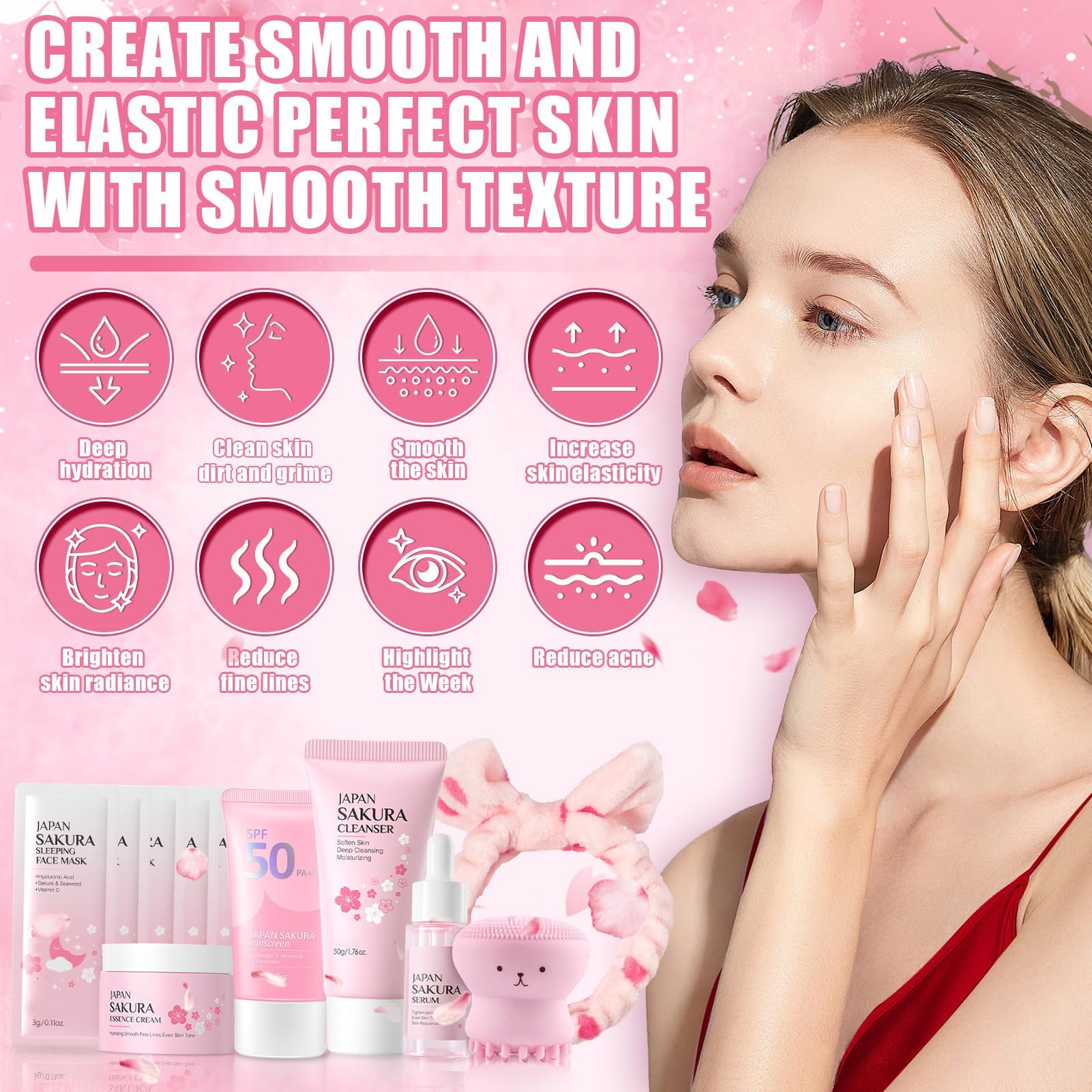 Kit per la Cura della Pelle Sakura 11 Pezzi,Include Fascia skincare, Spazzola per il viso,Pulizia,Crema solare 50,Essenza,Crema,Maschera per la notte (x5),Sakura Skincare Set per Ragazze Donne