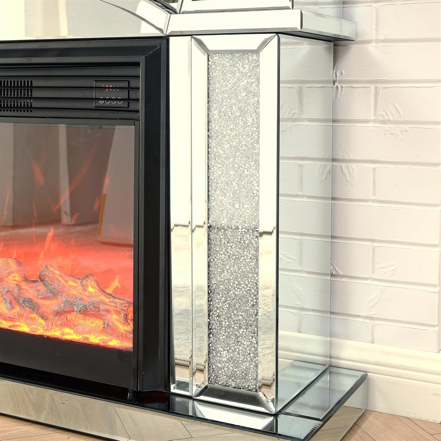 IKIFLY Mirrored Electric Fireplace with Crushed Diamond, Fireplace TV Stand with Remote Control, Freestanding Electric Fireplace with Mantel for Living Room and Bedroom - Silver