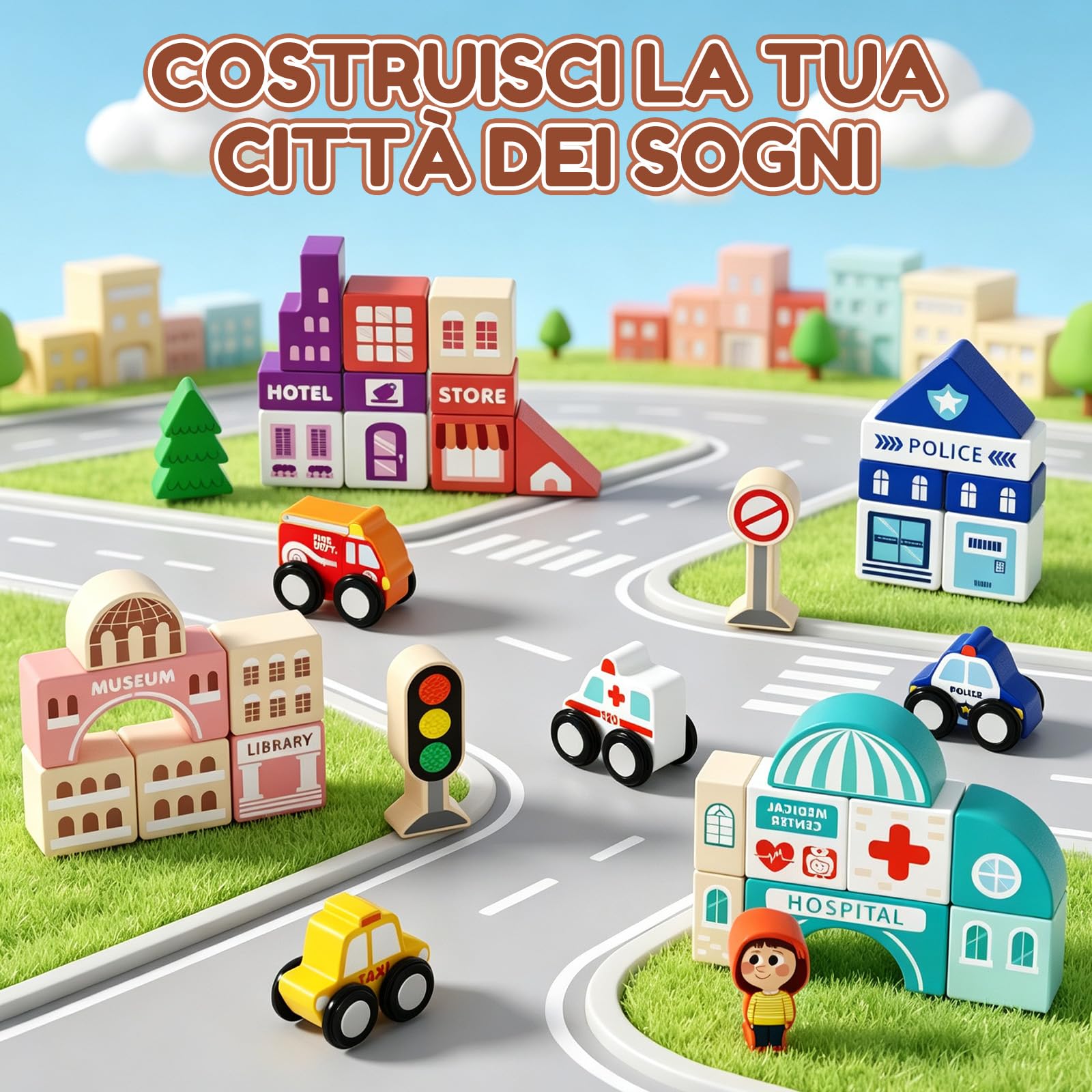 58 Pezzi Circuito Trenino in Legno, Valigetta Pieghevole di Gioco con Costruzioni Città e Auto, Gioco Educativo Montessori, Regalo Bambini 3 4 5 6 Anni