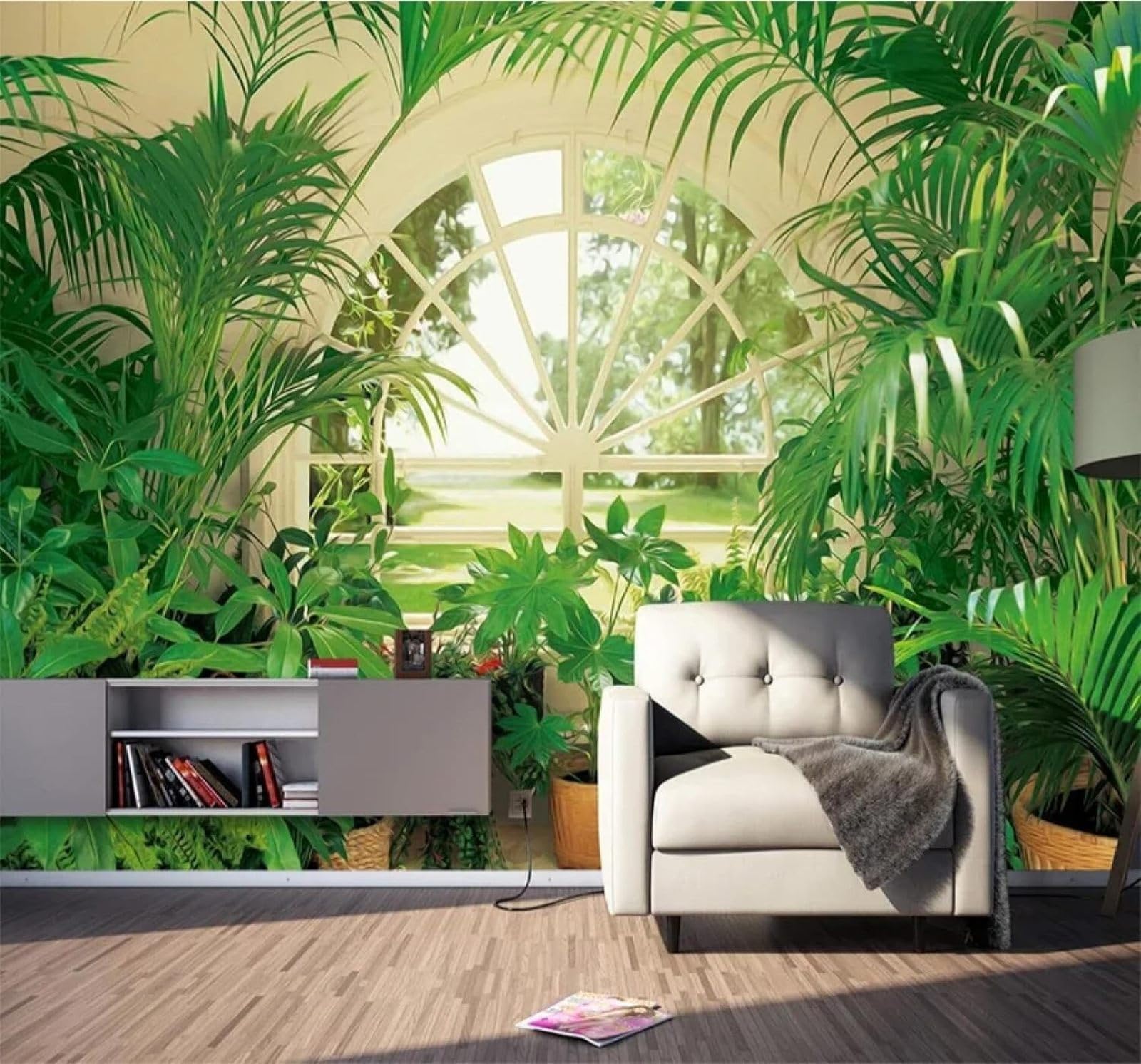 Tzxztt 250Cm×170Cm(B×H) Fresh Green Plants Window View Pastoral Modern 3D Wallpaper Premium Textured Silk Neutral Tones Material Ideal For Living Room Bedroom-250Cm×170Cm