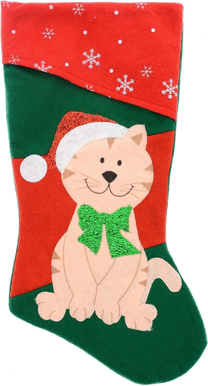 CAT CHRISTMAS STOCKING RED Green Felt with Kitty Wearing A Glitter Bow Home