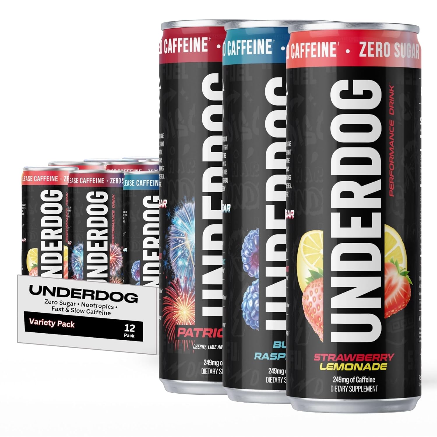 Underdog Performance Drink - Nootropics, Fast & Slow Release Caffeine, Zero Sugar, No Artificial Additives, & 5 Performance Ingredients - 12 Pack Variety