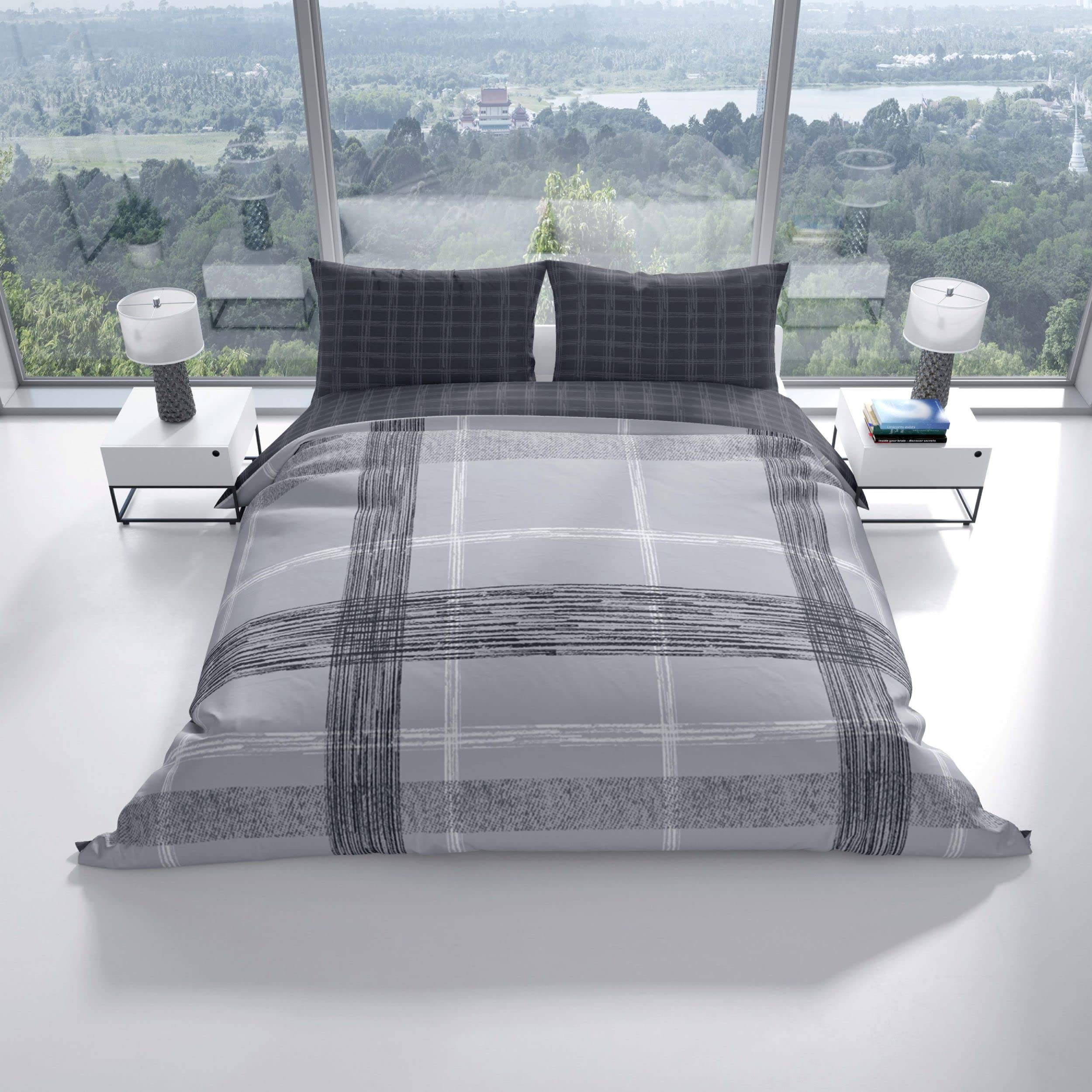Leonado Vicenti Bettwäsche Baumwolle Grau Gestreift Set Schlafzimmer Garnitur Wendebettwäsche Streifen Bezug Decke mit Reißverschluss, 4teilig, 155x220 cm