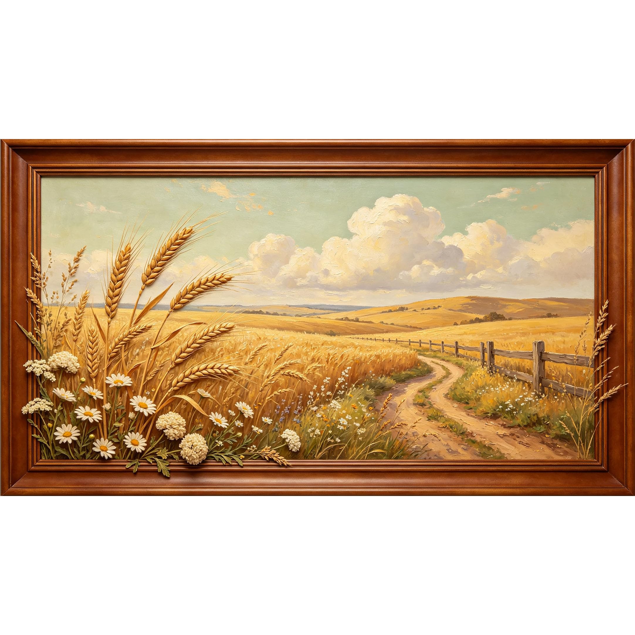QZLITHOTIC 50x90cm3D Framed Wall Art， Farmhouse Wheat Field Landscape Self‑Adhesive Mural， Water‑Activated Peel & Stick Fabric Decor Wall Decal for Bedroom Living Room