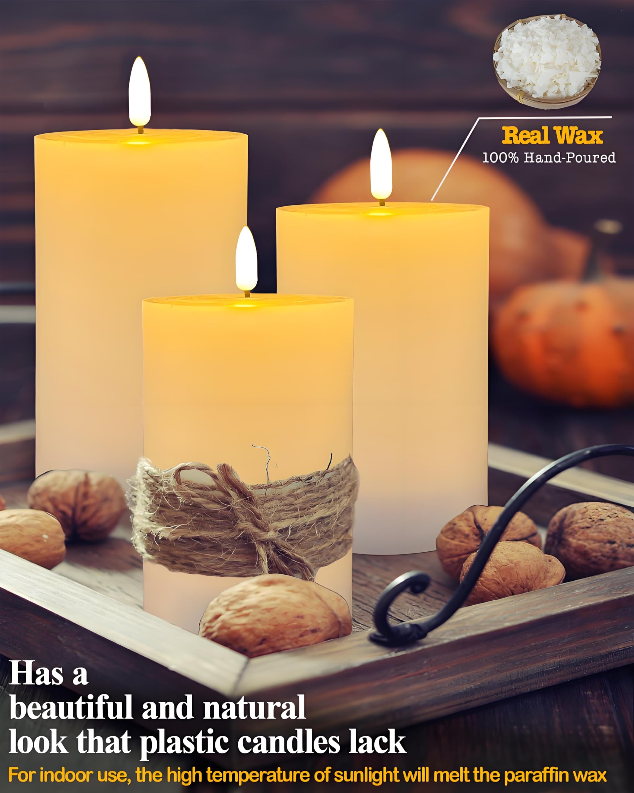 Gmnee Candele cilindriche senza fiamma, confezione da 3 candele a batteria da 350 ore con telecomando, timer, tremolanti, inodore, parte superiore piatta, in vera cera, perfette come grandi candele