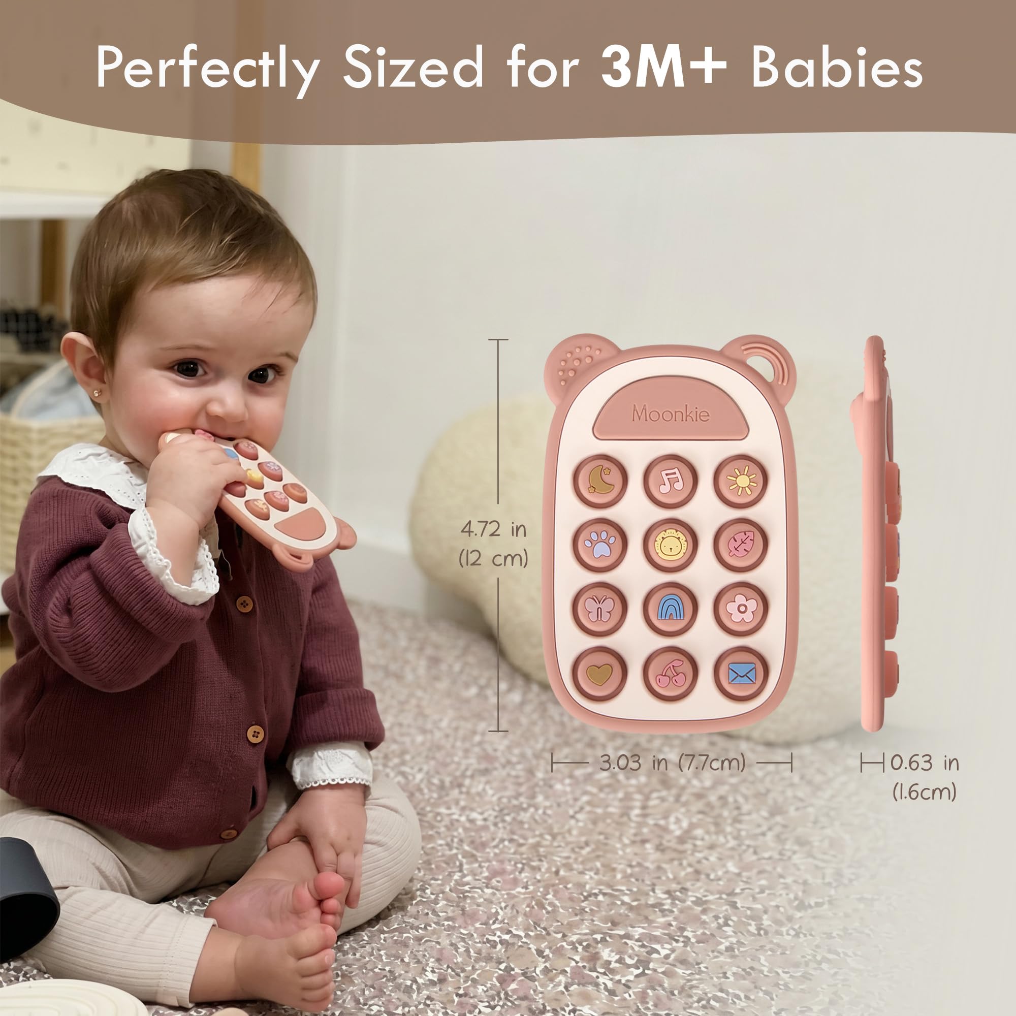 Moonkie Jouet Dentition Bébé, Téléphone Silicone pour Enfant, Pop It Jouets, Anneau Dentition Bebe, Sans BPA, Jeux Eveil, Jouet Bebe 3 Mois+, Cadeau Naissance Garcon & Fille(Blush)