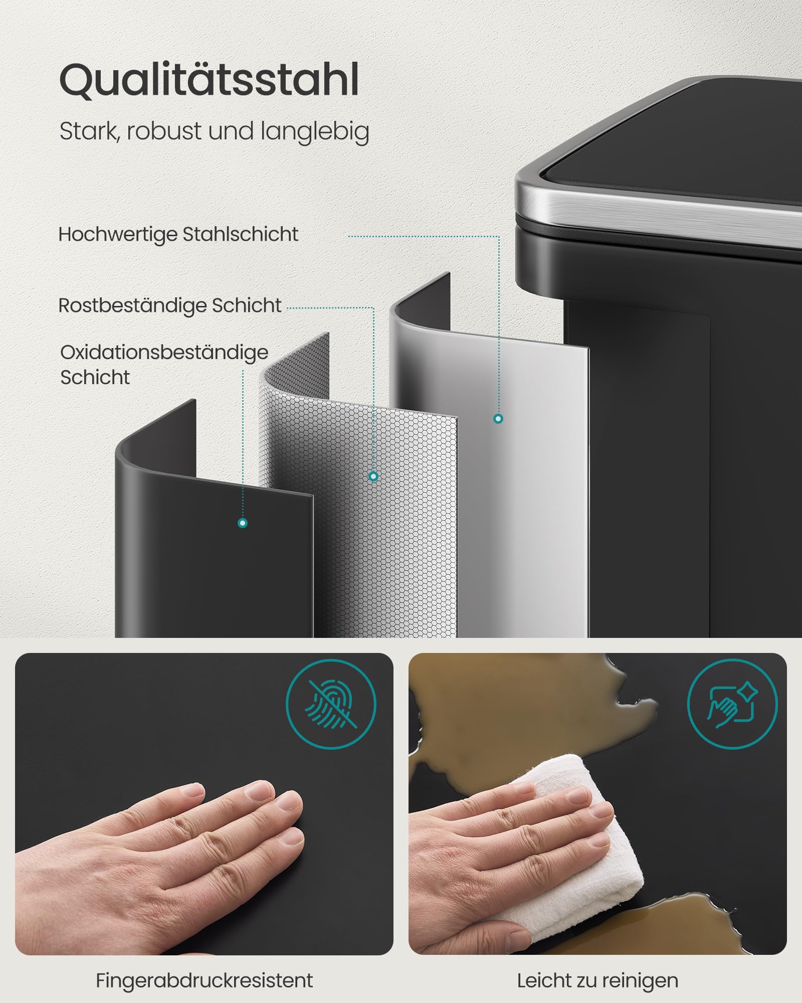 SONGMICS Mülleimer 50 L, 15 Müllsäcke, Stahl, herausnehmbarer Inneneimer aus Kunststoff, mit Deckel, Griffe, Softclose, tintenschwarz LTB595B02