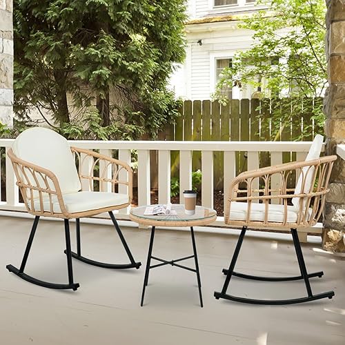 Miniatura 7 de Vikiullf Juego de mecedoras de 3 piezas, mecedoras de mimbre para exteriores con cojines gruesos, muebles de patio bohemios, juegos de bistró de