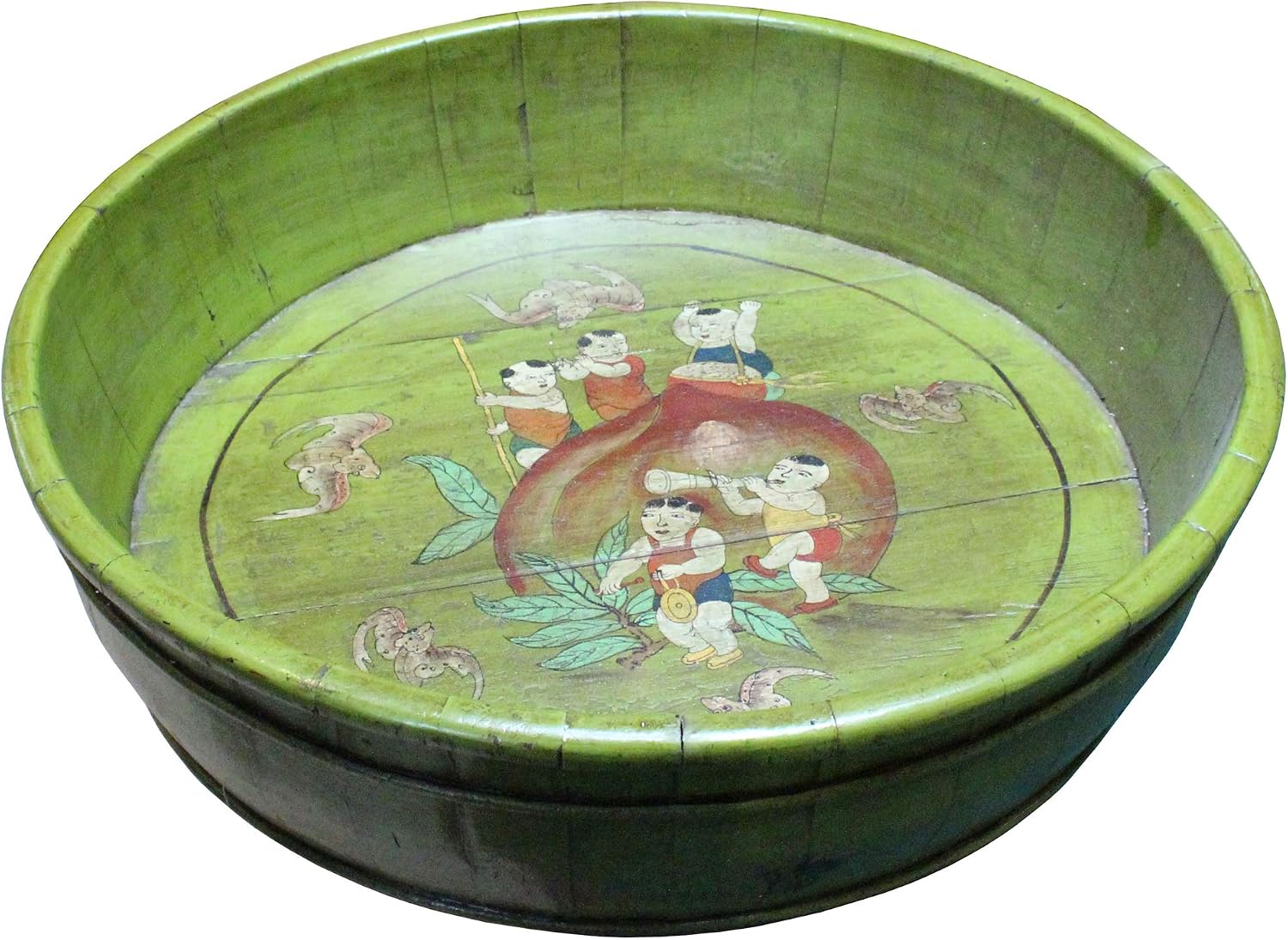 Chinese Vintage Distressed Green Graphic Round Shape Wood Bucket Acs5092