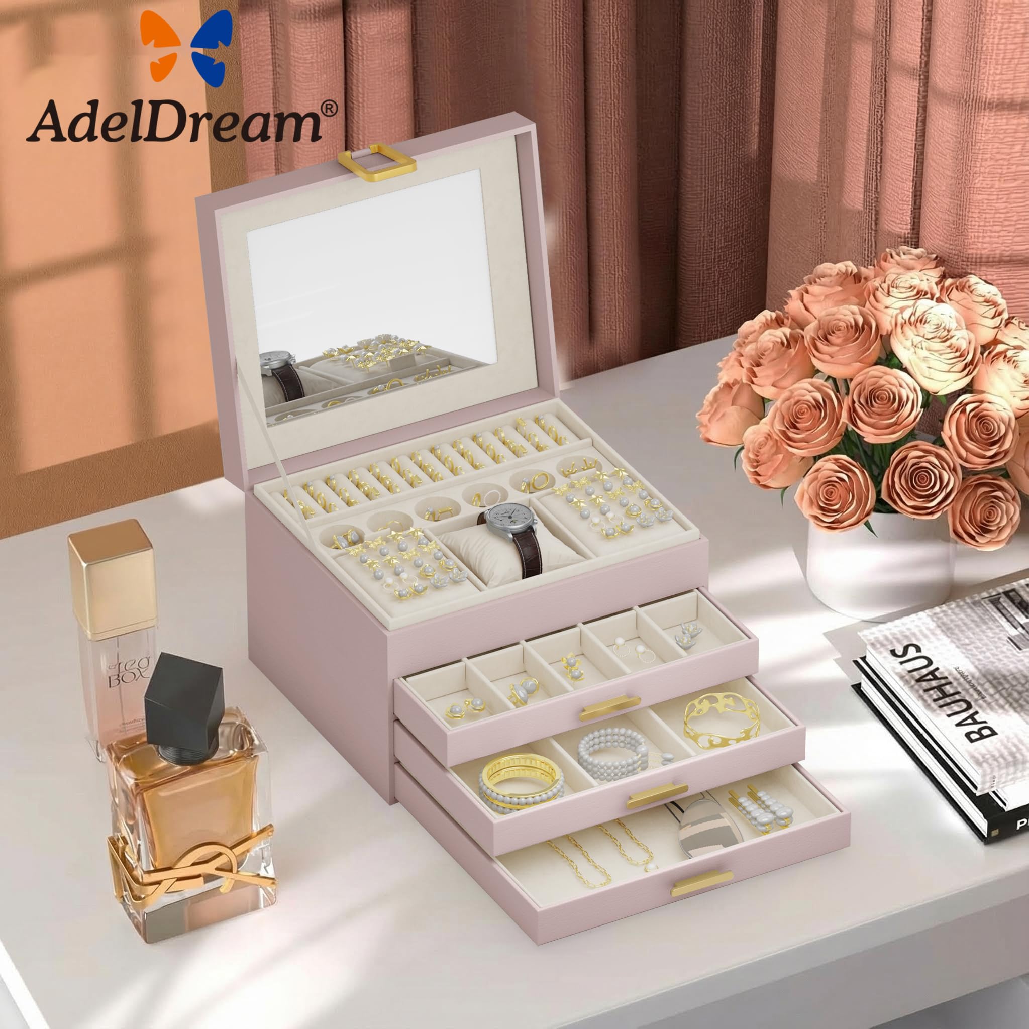ADEL DREAM Portagioie a 4 livelli con chiusura grande portagioielli per donne figlie e amici per compleanni e vacanze rosa