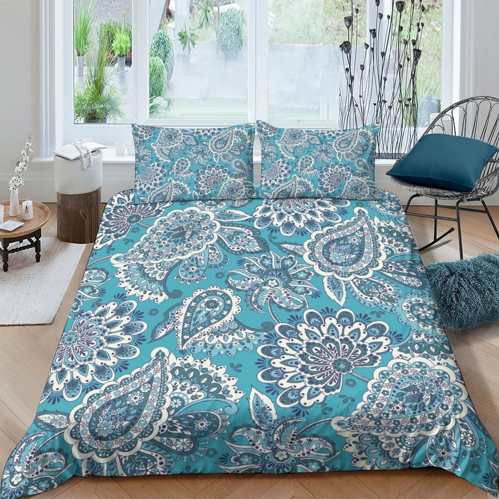 Ctjqhvkz Style-7 3D Printed Blue Paisley Fitted Sheet Microfiber Soft Decorative Turquoise Floral Bed Cover For Bedroom Guest Room Mattress Protection Single（135X200cm）
