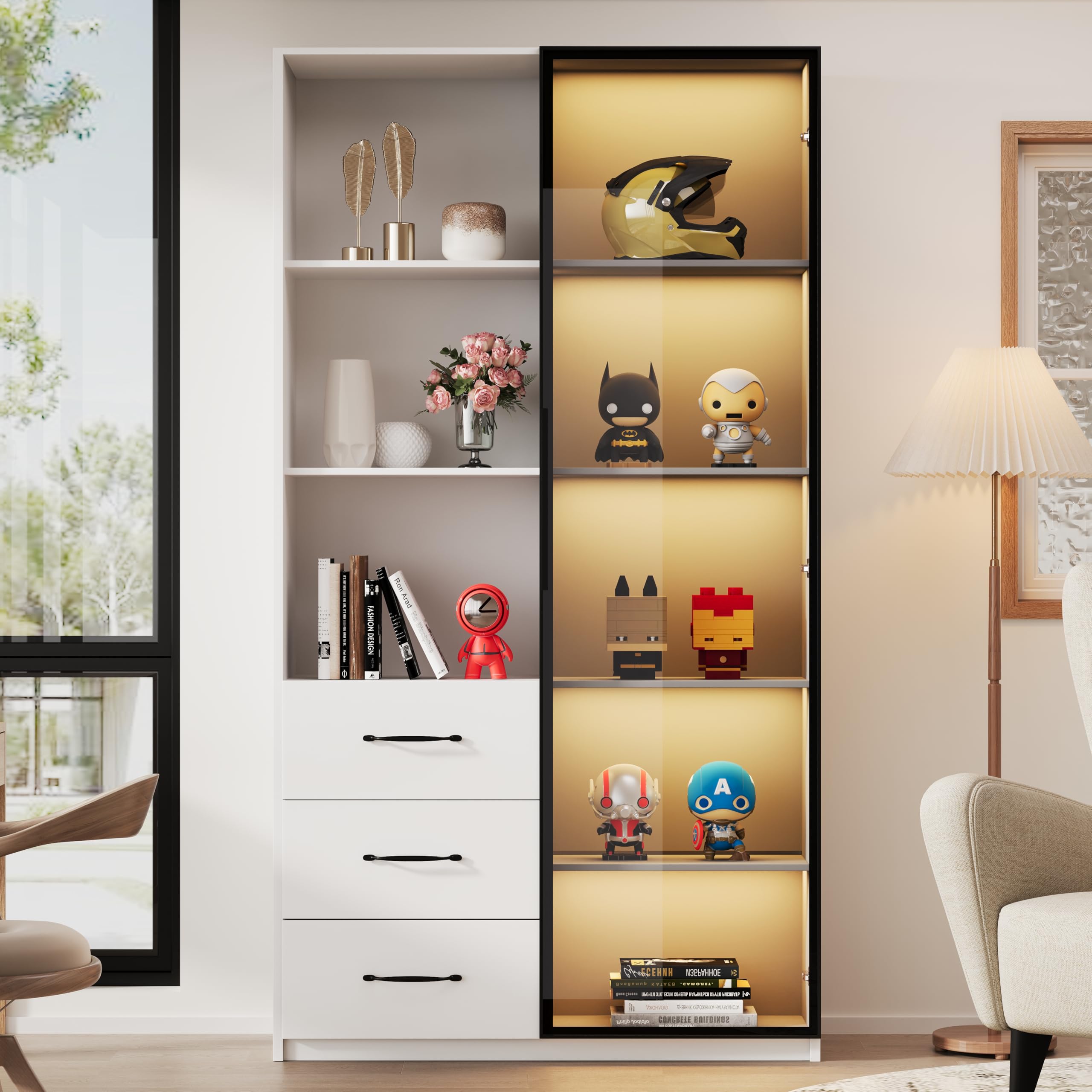 Vetrina con illuminazione LED 80 x 40 x 160 cm – Libreria con anta in vetro temperato e luci LED, 3 cassetti e 3 vani aperti, struttura in alluminio, LED multicolore (F)