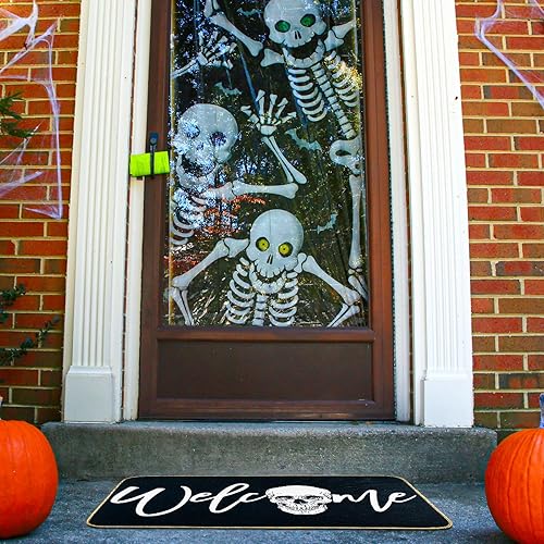 Miniatura 7 de AnyDesign Tapete de bienvenida de Halloween, antideslizante, de fieltro de calavera, tapete para puerta delantera, color blanco y negro, tapete de
