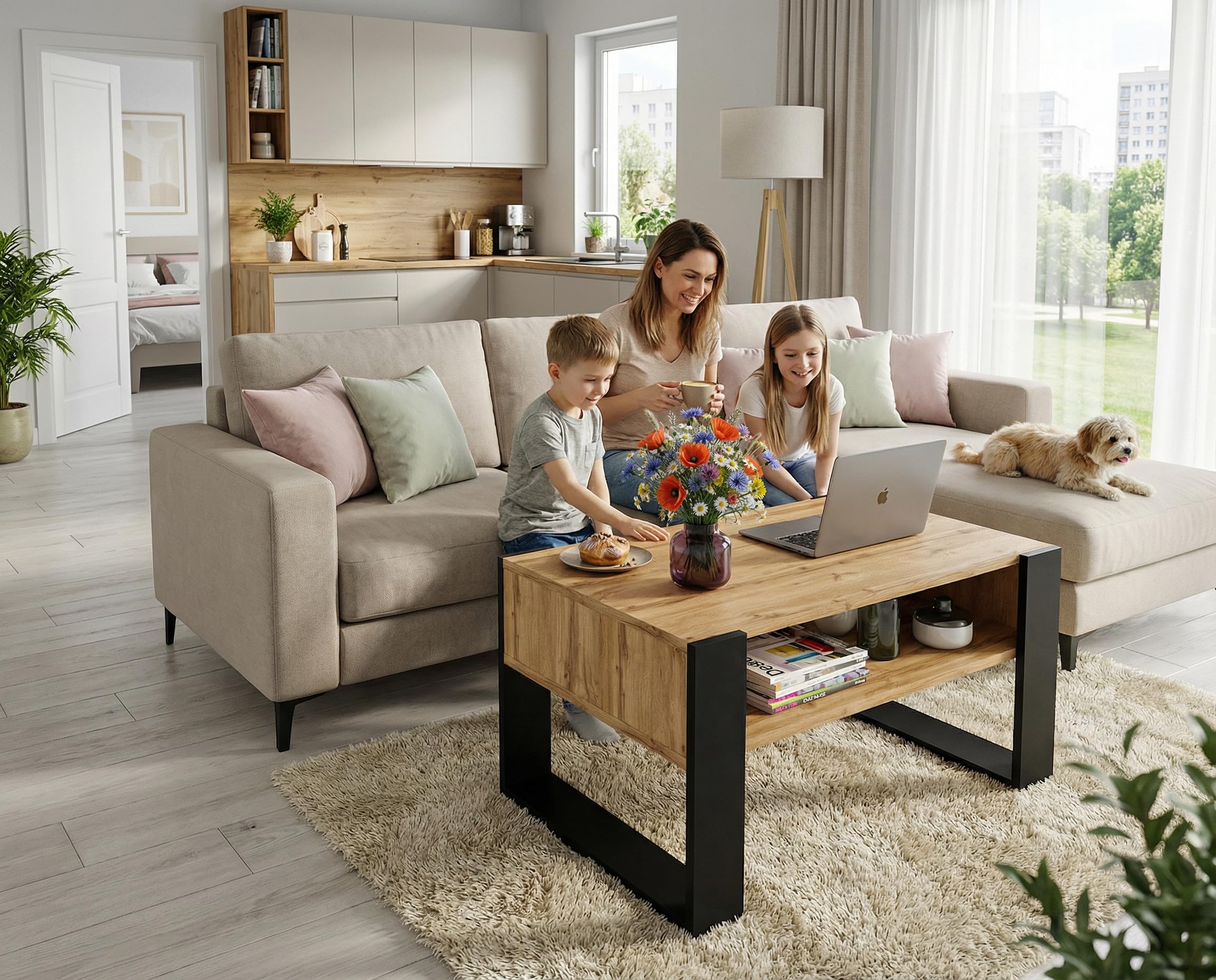 CraftPAK Mesa de Centro para salón de Madera, Mesa Moderna con Estante Adicional, Mesa para sofá, Color Negro
