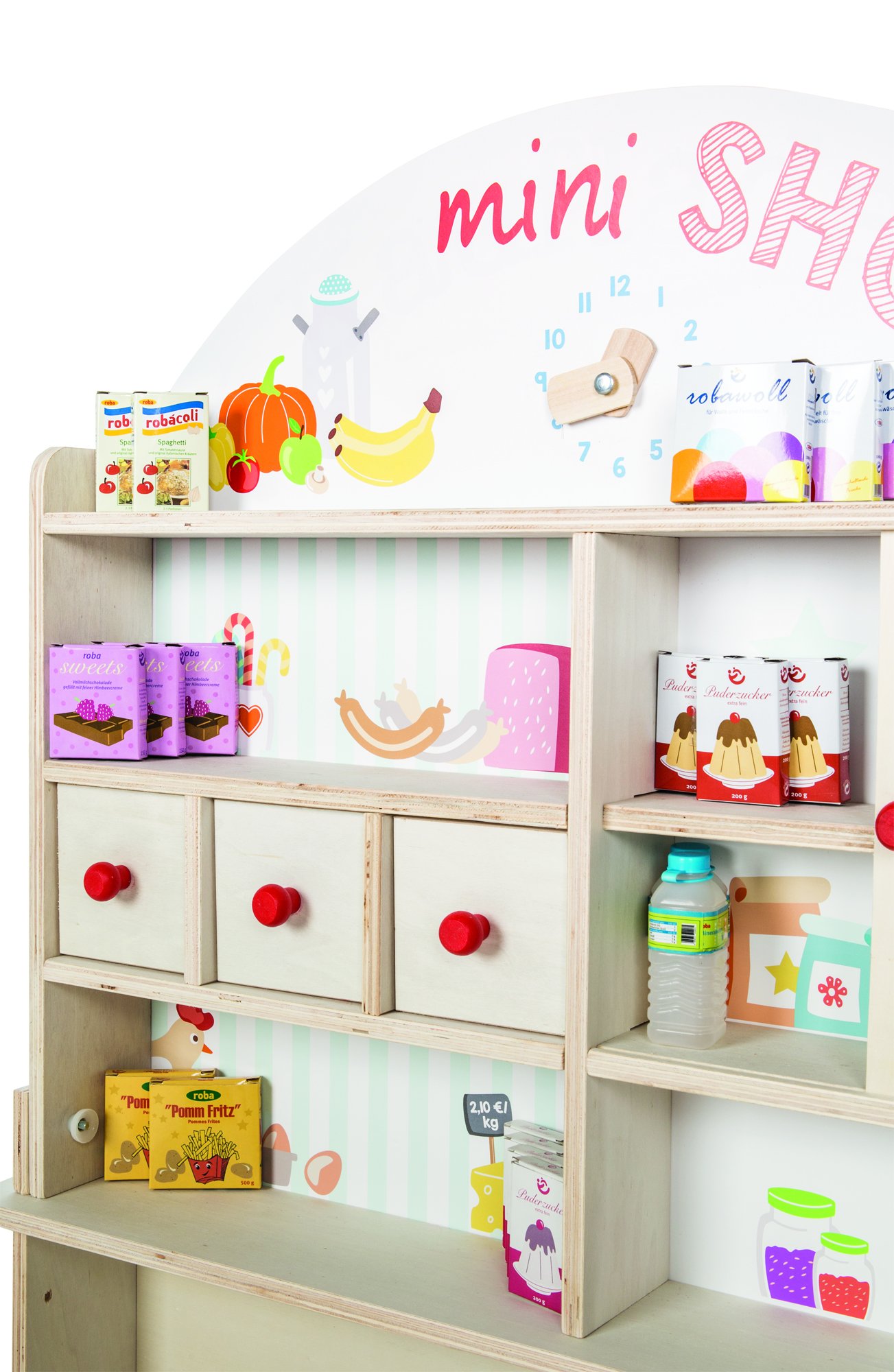 roba Kaufladen Minishop, inklusiv Zubehör, Kasse, Holz natur, Theke, Tafel, Schiebetür und Bedruckung, Natur und Weiß