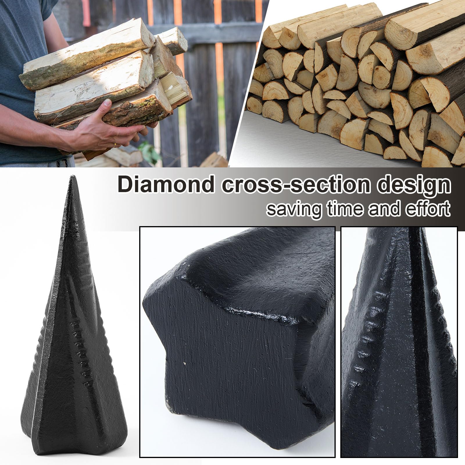 2 pezzi 1,8 kg manuale ceppo legno cuneo 17,8 cm in acciaio diamante cuneo design 4 direzioni divide legna da ardere in 4 pezzi meno sforzo manuale Maul, nero (nero)