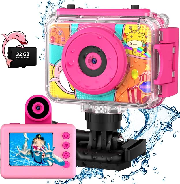 CHAKEYAKE Kids Digital Camera, 1080P HD Kids Waterproof Camera with Flip Len, Children Underwater Sport Action Camera for Outdoor Helmet with SD Card 32GB, Kids Birthday Gift for 3-12 Years Old Girls