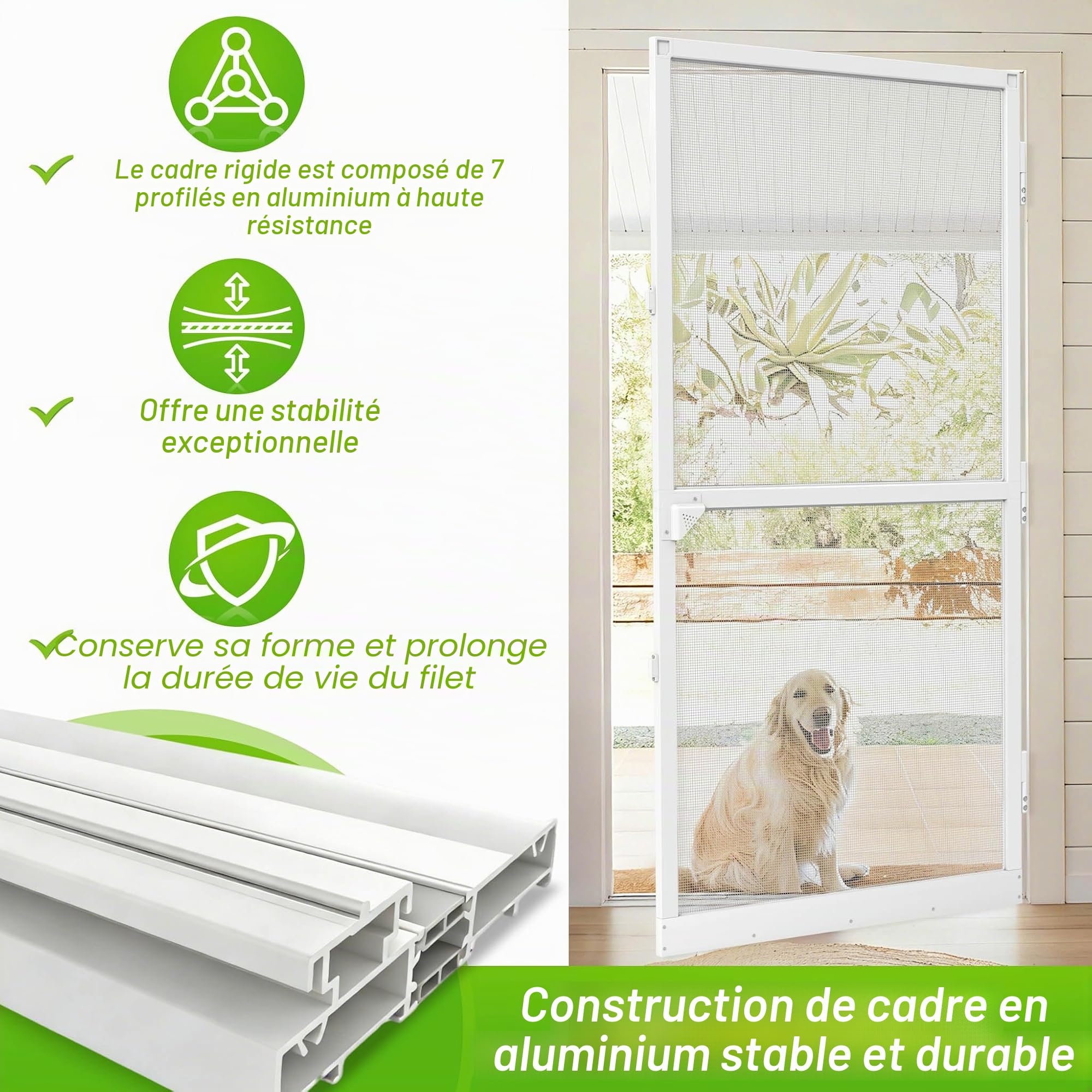 UISEBRT Moustiquaire de porte avec cadre en aluminium - Tissu en fibre de verre - 120 x 240 cm - Blanc