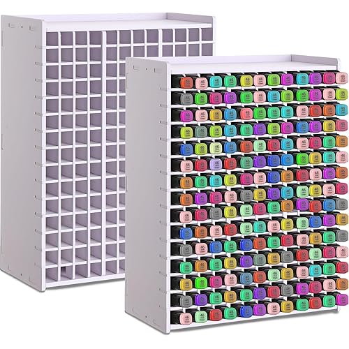 2 Pack 180 Slots Marker Storage Organizer Marker Organizer for Desk Marker Holder Art Marker Rack with Removable Divider to Store Paint Brushes Pens Color Pencils, White