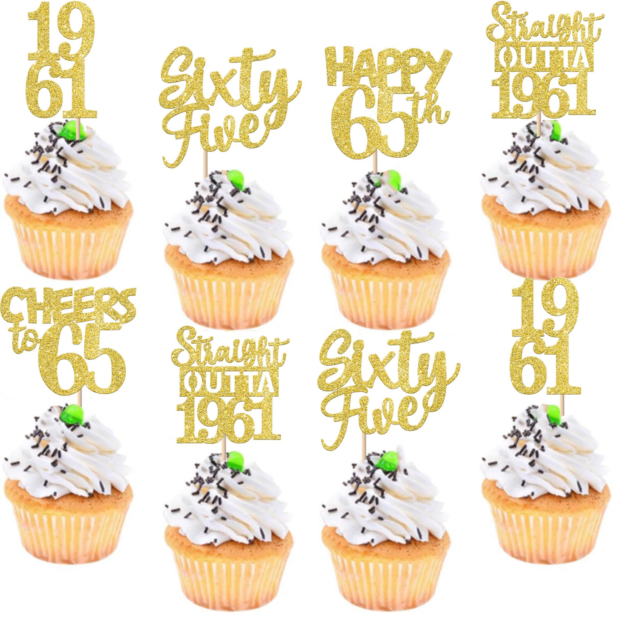 30PCS Straight Outta 1961 Cupcake Toppers Gold Glitter Sixty Five Happy 65th Birthday Cupcake Picks Cheers to 65 Years Cake Decorations for 65th