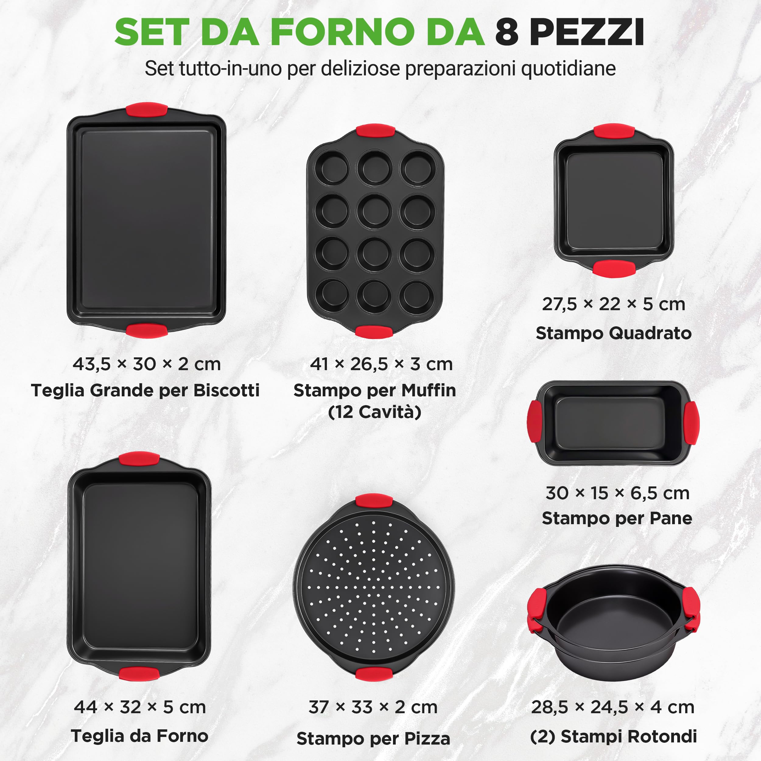 NutriChef Set da 8 Teglie da Forno con Manici in Silicone Rosso, Teglie Forno Antiaderenti in Metallo Professionale, Rivestimento Grigio Interno ed Esterno