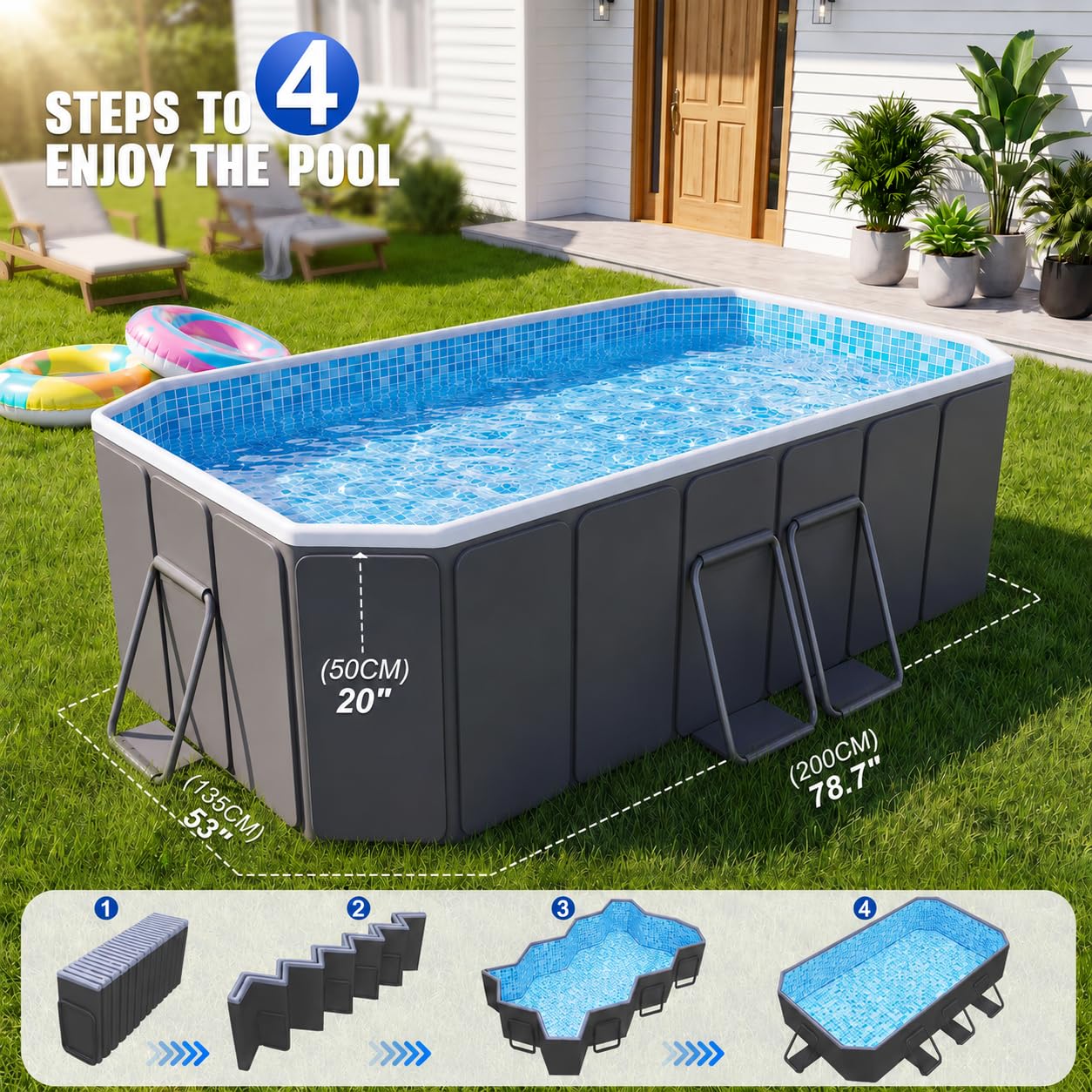 Piscina grande para perros grandes, tamaño exterior 200 x 135 x 50 cm, piscina plegable de lado duro con marco de acero, piscina no inflable para mascotas, fácil drenaje, puerto de filtro, gris