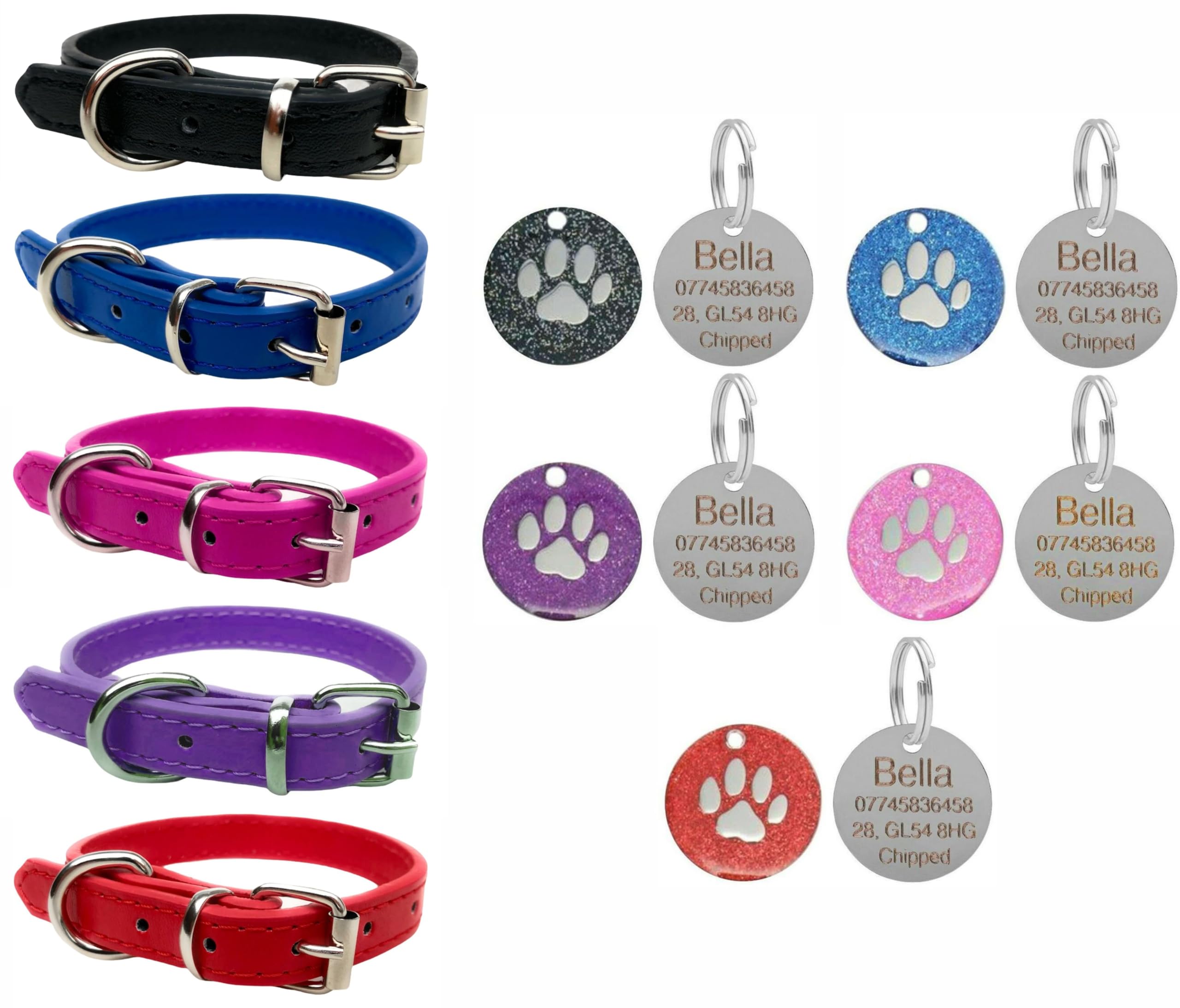 Vibrant Leather Dog Collar for Puppy, Dogs Small, Medium & Large With Personalised Engraved Round Glitter Paw Tag (Large (36cm - 46cm Neck), Black)
