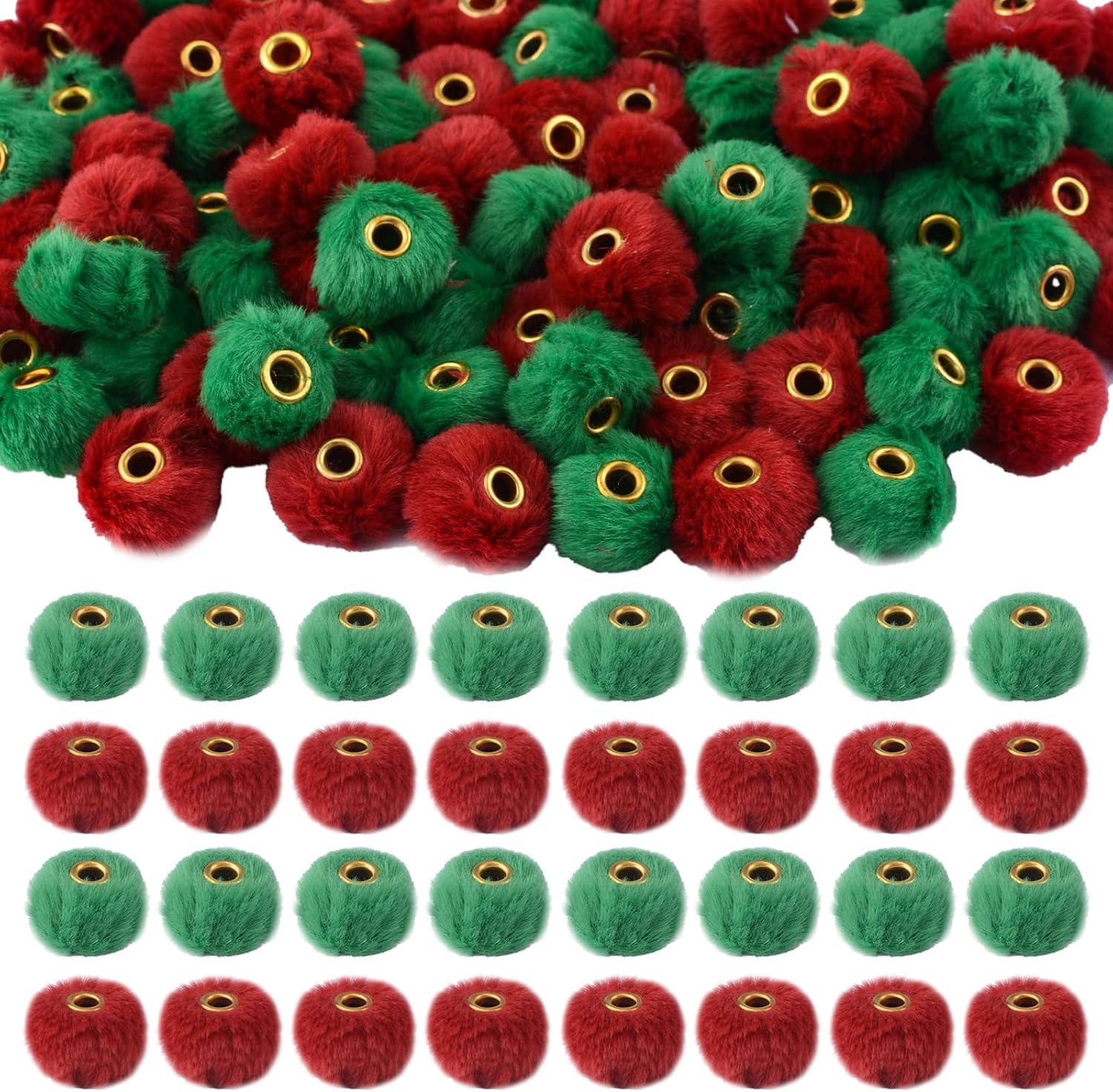 200 PCS Christmas Fluffy Faux Fur Pom Poms Beads,Red Green Plush Ball Soft Puff Beads for DIY Xmas Pens Jewelry Keychain Handicrafts Craft