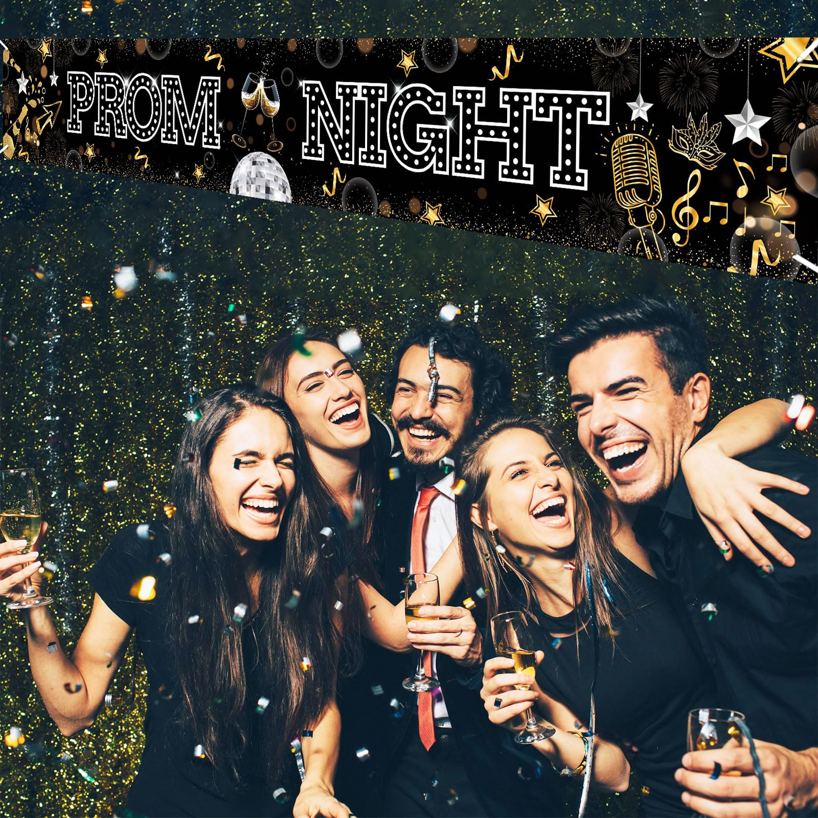iwiio Prom Decorations 2025 Prom Night Banner Black Gold Sliver Banner Graduation Party Decorations Photo Backdrop for Indoor Outdoor Supplies 270 X 40 cm - Image 2
