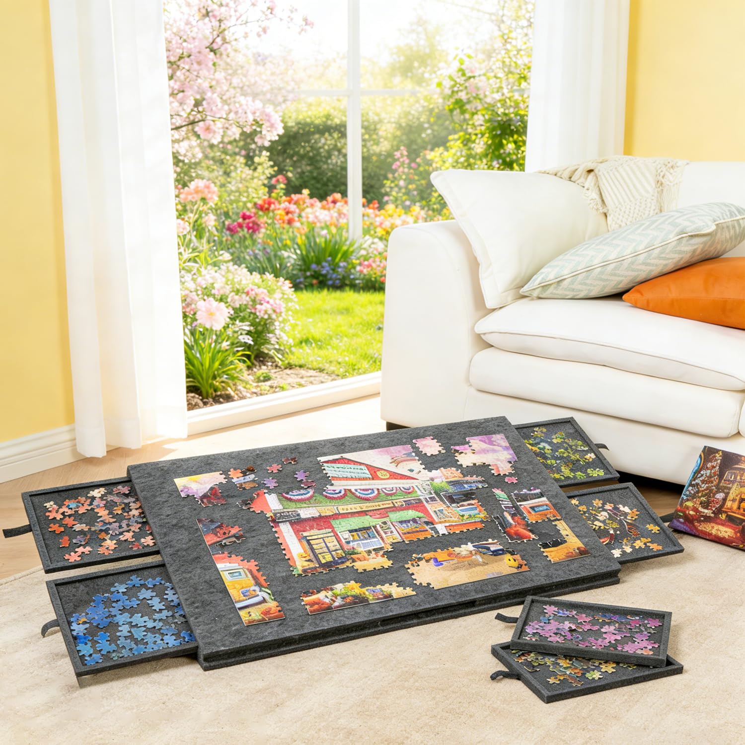 Tavolo Puzzle Pieghevole con 6 Cassetti, Tavolo da Puzzle Portatile in Feltro Grigio Scuro per 1000 Pezzi, 77x53.6x4.2cm, per Conservazione e Trasporto