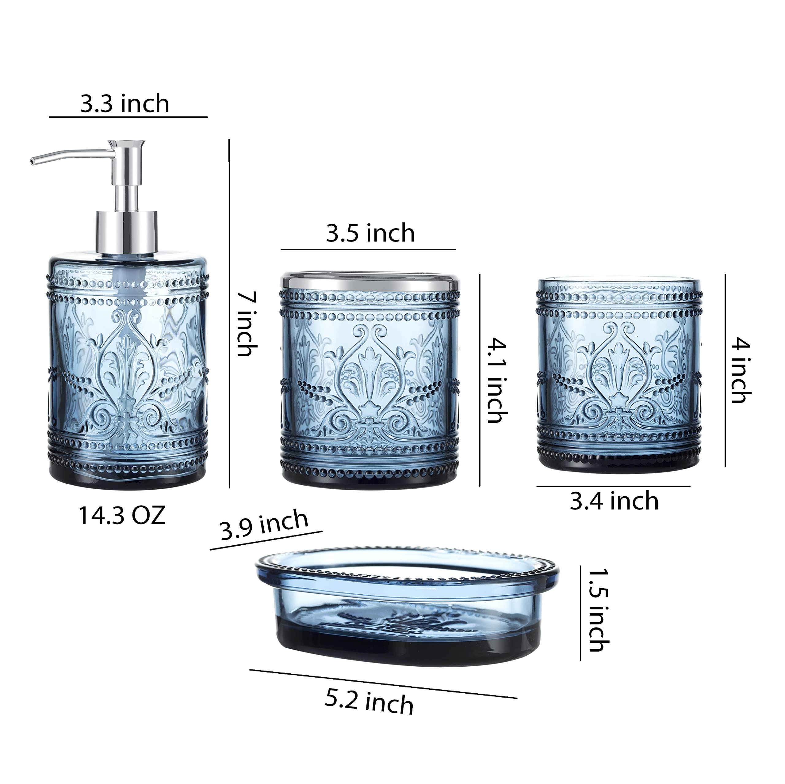 Juego de 4 Accesorios de baño de Vidrio Azul Real Pesado con patrón prensado Decorativo, Incluye dispensador de jabón de Manos, Vaso, jabonera y Soporte para Cepillo de Dientes (Azul)