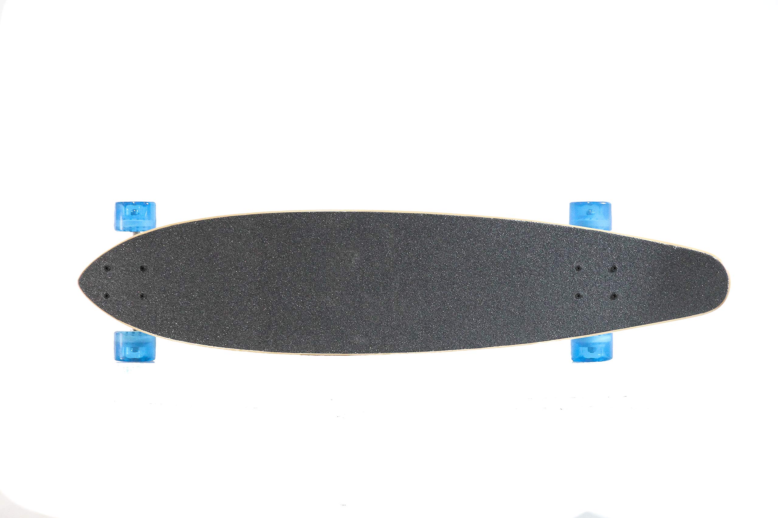 Camiones Kingpin invertidos plateados de 38 pulgadas de peso de 5.906 in, ruedas azul transparente; rodamientos de percisión ABEC-7 de 2.559 x 1.850 in 78 A, y elevadores de goma de 0.118 in 2