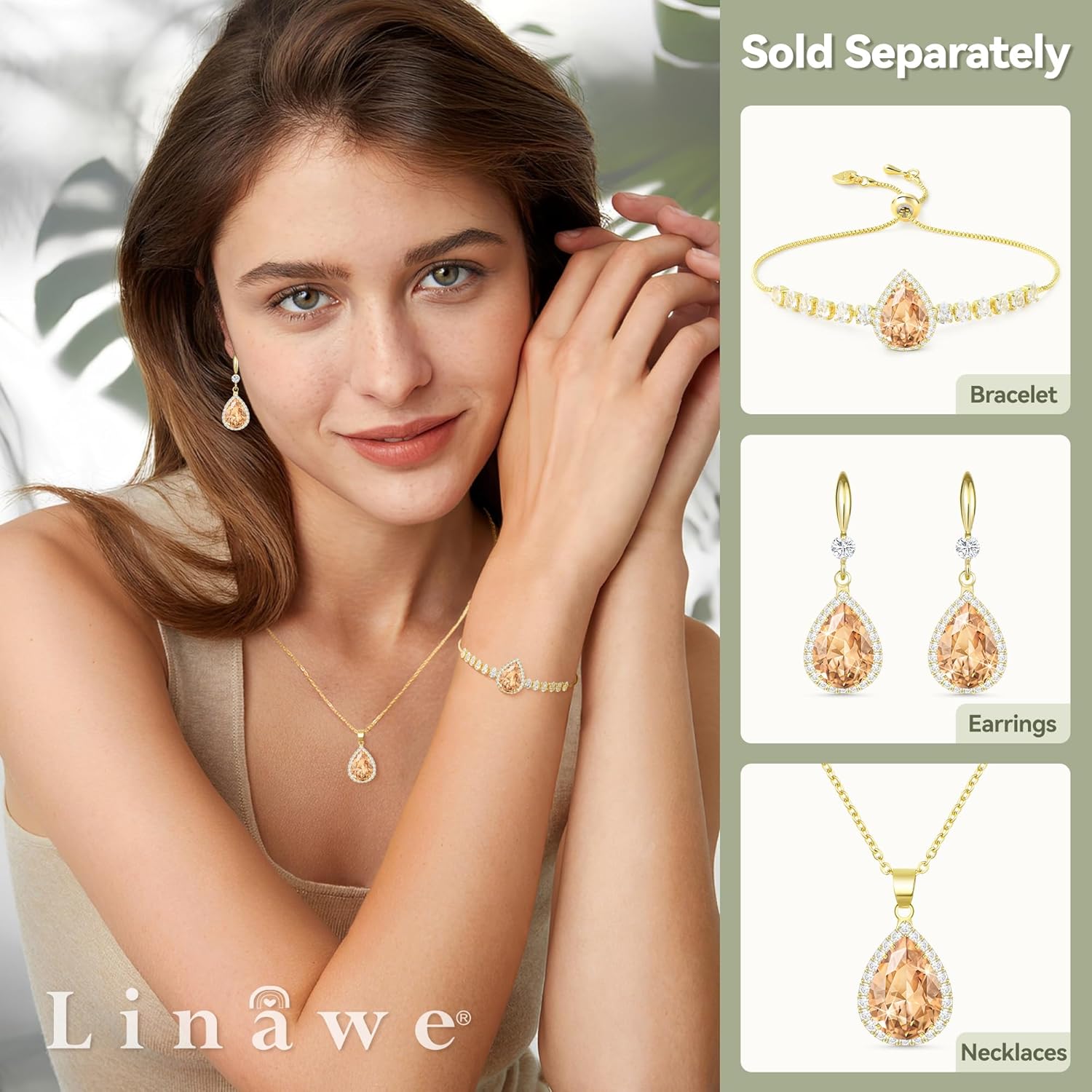 Linawe Imitation Diamond Dangle Earrings for Women Trendy, Rhinestone Drop Chandelier Earrings, Teardrop Crystal Cubic Zirconia Wedding Jewelry Set, 14K Gold/Rose Gold/Silver Tone - Image 3