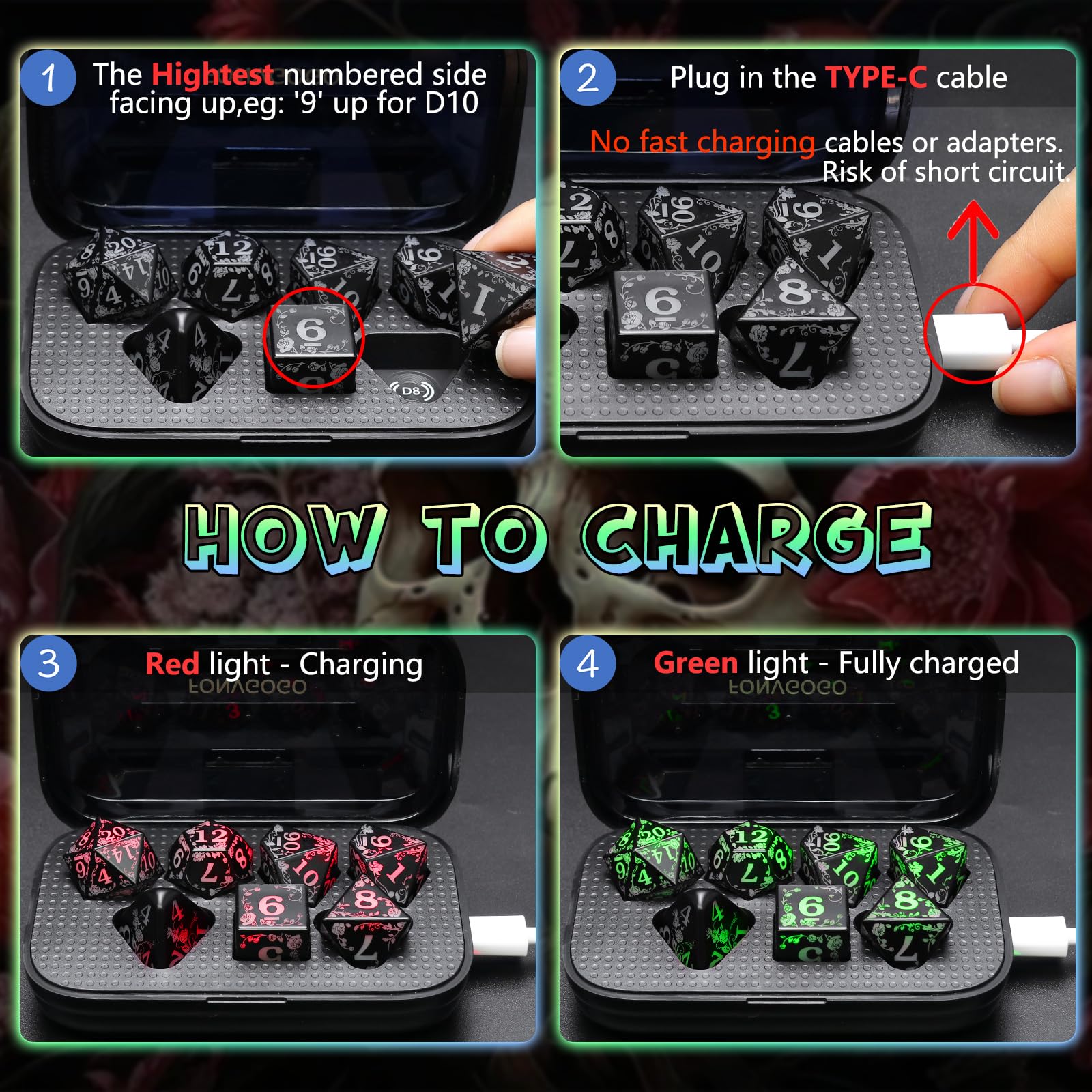 FONVGOGO Set di dadi LED luminosi wireless D&D ricaricabili per Dungeons and Dragons RGB DND dadi con scatola di ricarica, dadi poliedrici per giochi di ruolo in 7 colori, per regali DND RPG giochi da