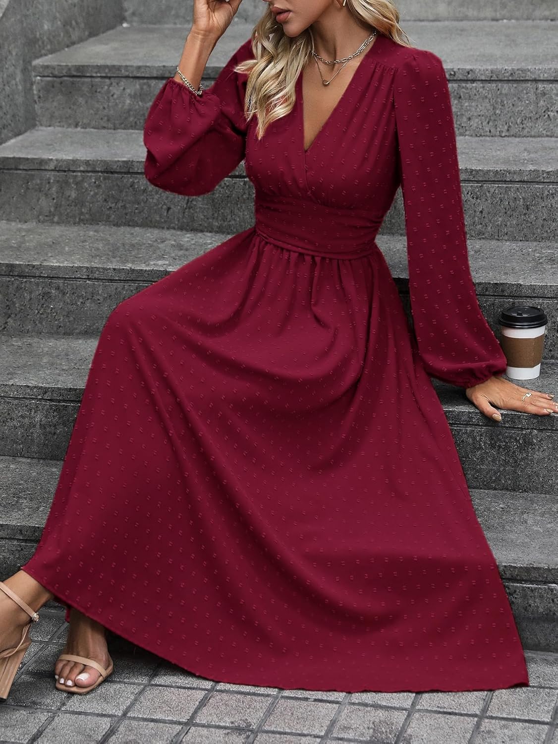 Mettclasi Women's Spring Fall Swiss Dot V Neck Maxi Dress Casual Puff Long Lantern Sleeve A-Line Flowy Dress - Image 4