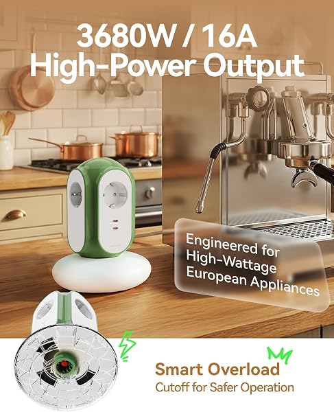 MiaoLab Regleta Eléctrica en Torre con 3 Tomas AC y 2 USB-C (Carga Rápida 30W), 3680W/16A, Protección contra Sobretensiones 1420J, Cable de Extensión 2 m, Protección contra Sobreca (Verde Normandia) - 4
