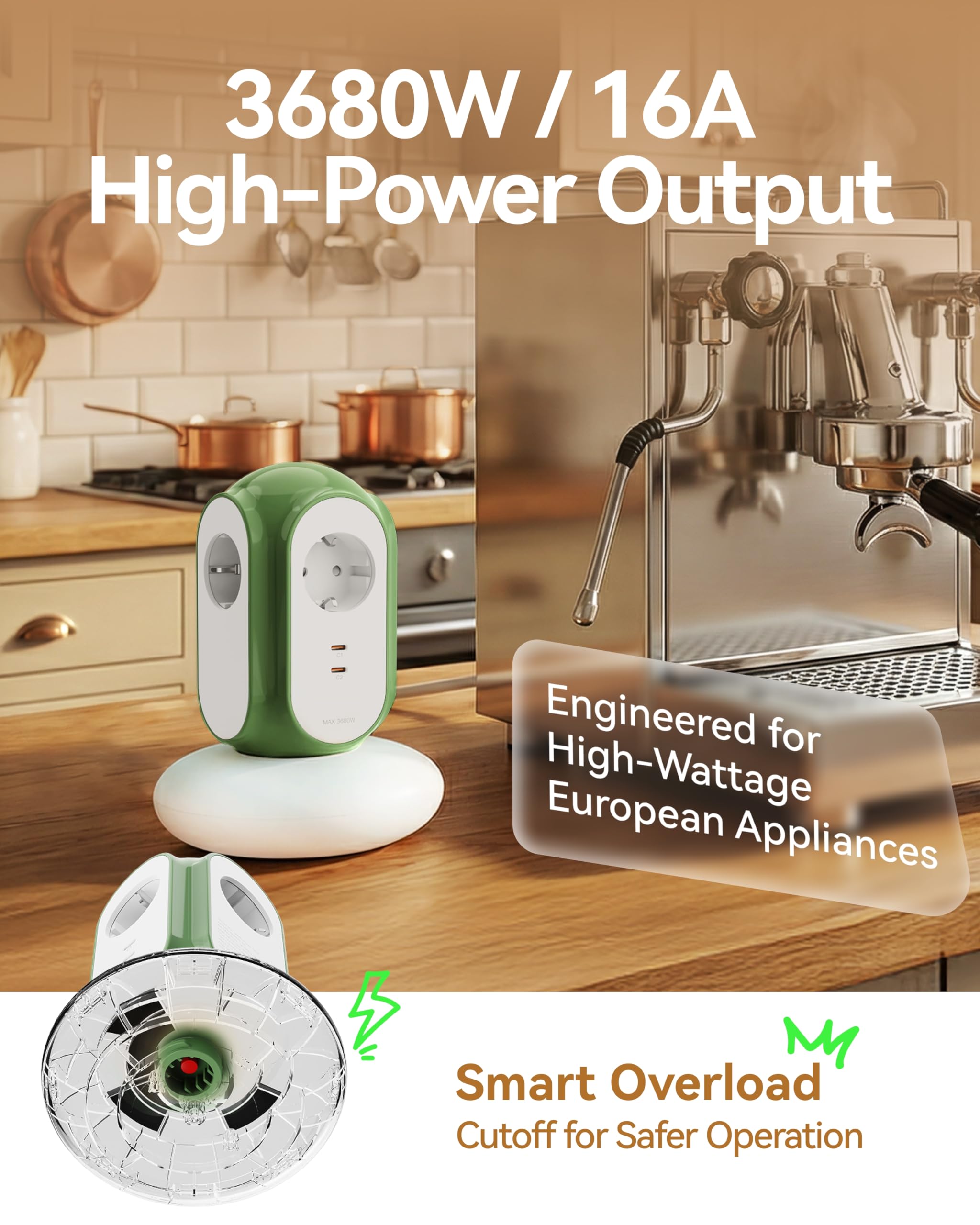 MiaoLab Regleta Eléctrica en Torre con 3 Tomas AC y 2 USB-C (Carga Rápida 30W), 3680W/16A, Protección contra Sobretensiones 1420J, Cable de Extensión 2 m, Protección contra Sobreca (Verde Normandia) — view 4