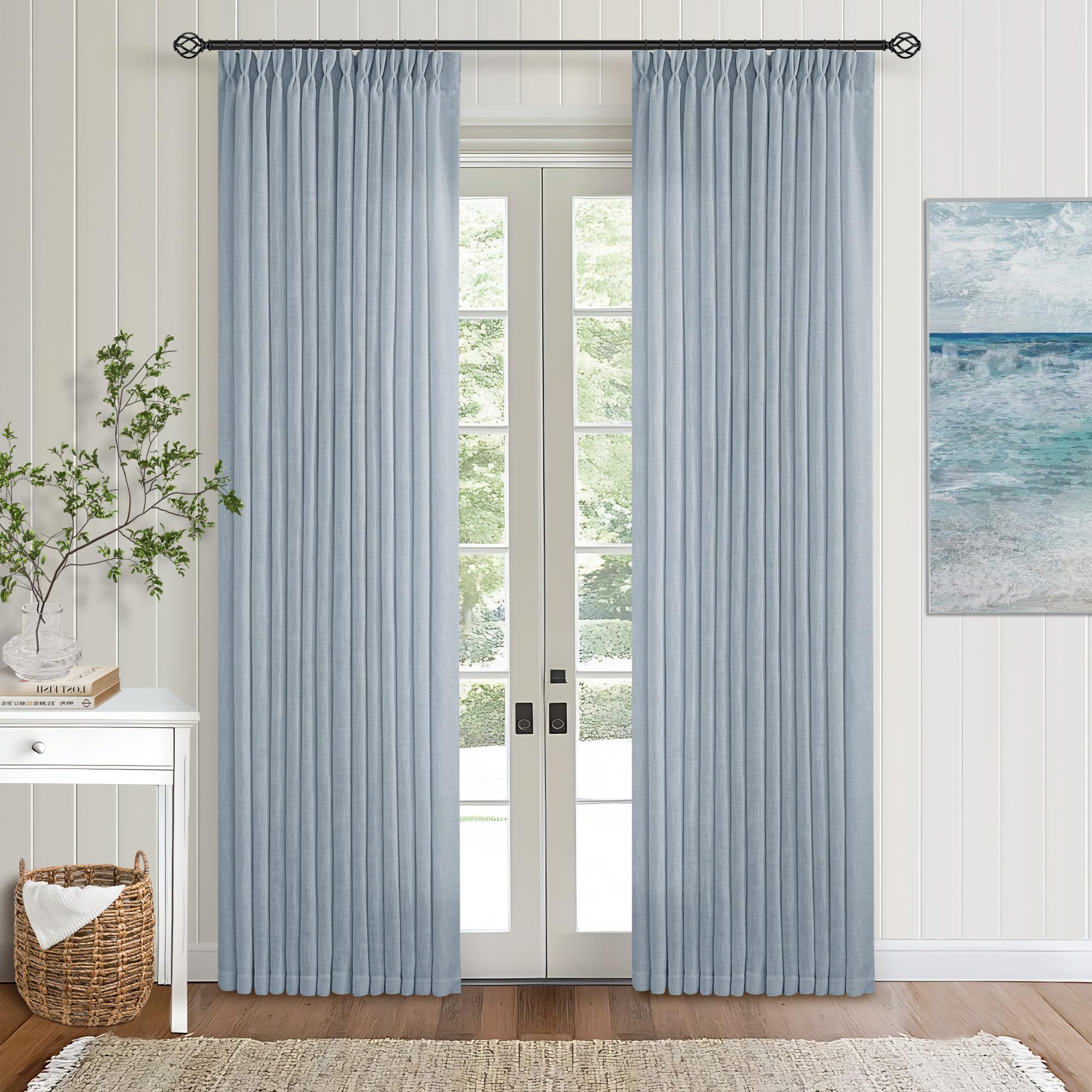 Dusty Blue Pinch Pleated Linen Curtains 84 Inches Long 2 Panels Set for Living Room Dining Pinch Pleat Back Tab Light Filtering Boho Coastal Window Curtain Drapes 84 Inch Length Light Sky Blue — image 1